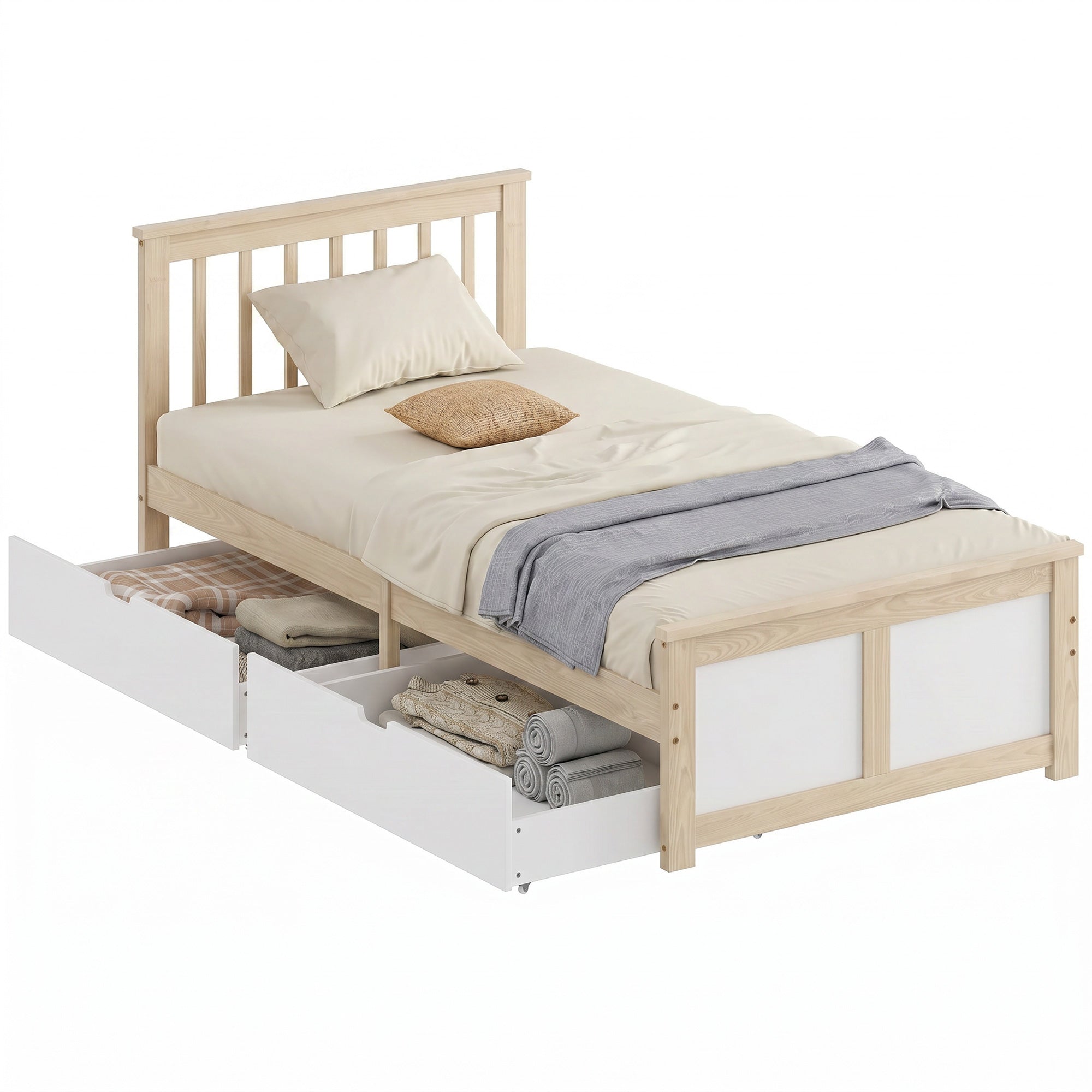 3ft Single Pine Storage Bed Frame with Drawers & Headboard, Wood Slat Support, 90 x 190 cm, Natural Wood Finish