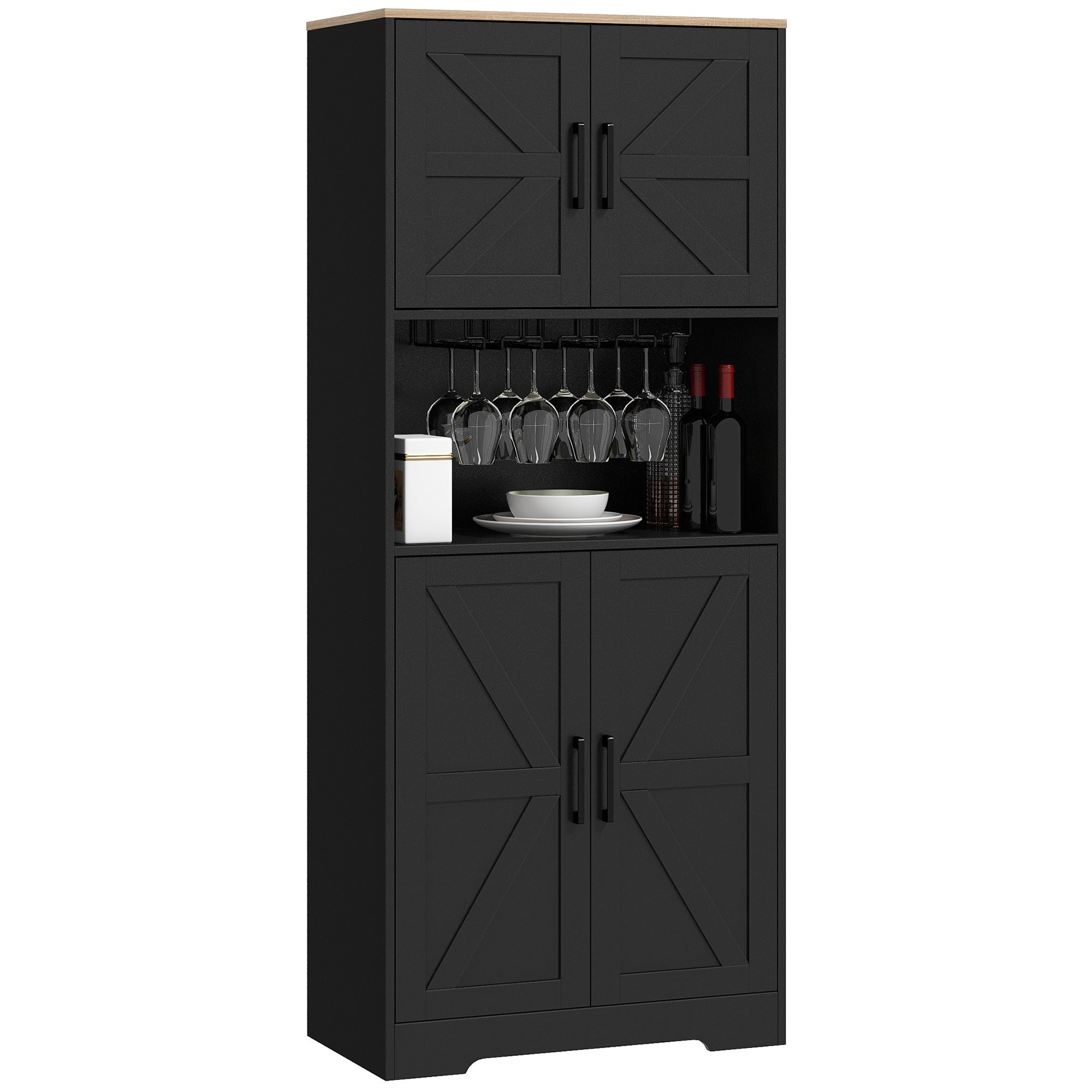 68" Farmhouse Pantry Cabinet with Microwave Countertop & Barn Doors, Black