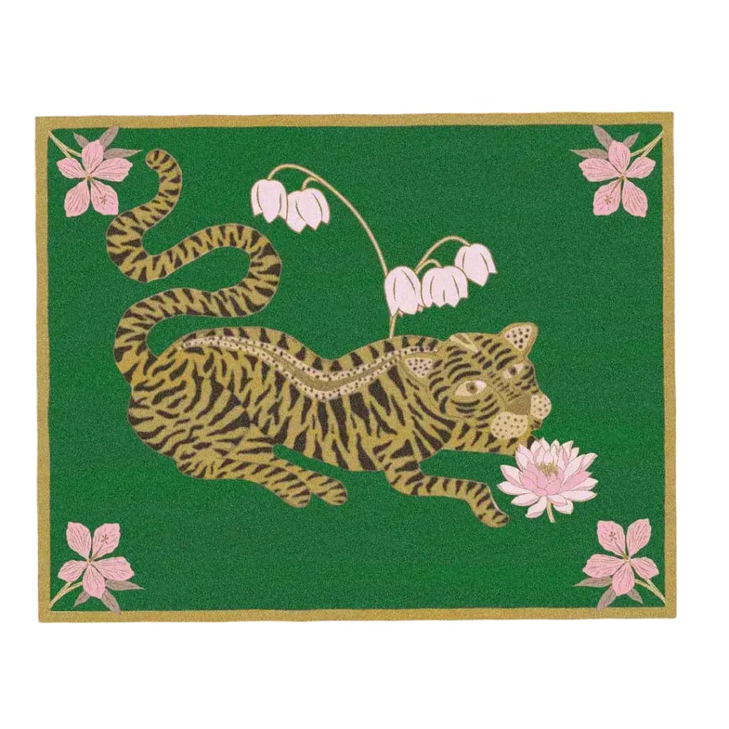 Lotus and Indian Tiger Hand Tufted Wool Rug - Green