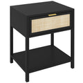 Boho Nightstand with Drawer & Open Shelf, Rattan Bedside Table for Bedroom, Black