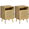 Bedside Table Set of 2 with Storage Shelf and Door Cupboard, Rattan Element, Natural