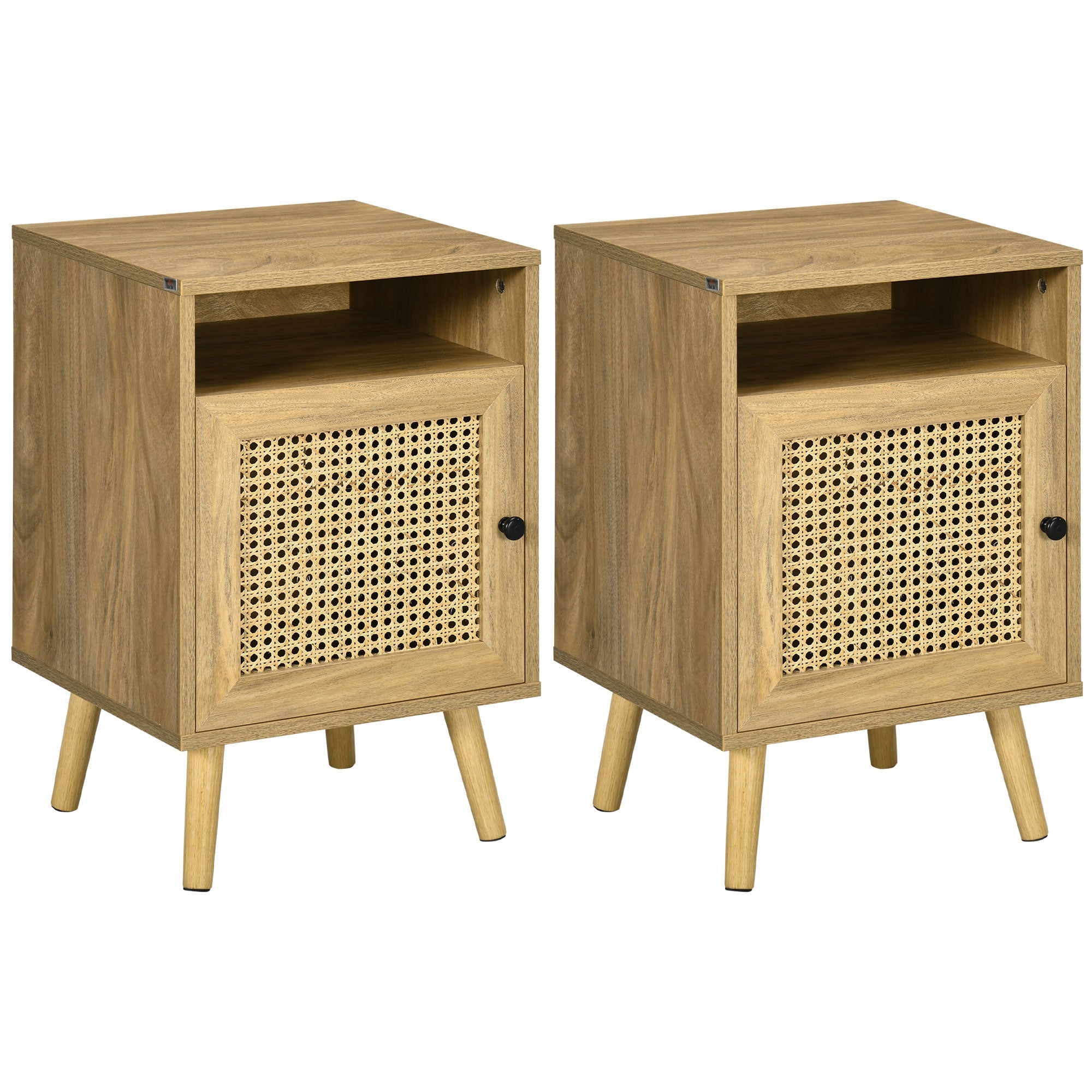Bedside Table Set of 2 with Storage Shelf and Door Cupboard, Rattan Element, Natural