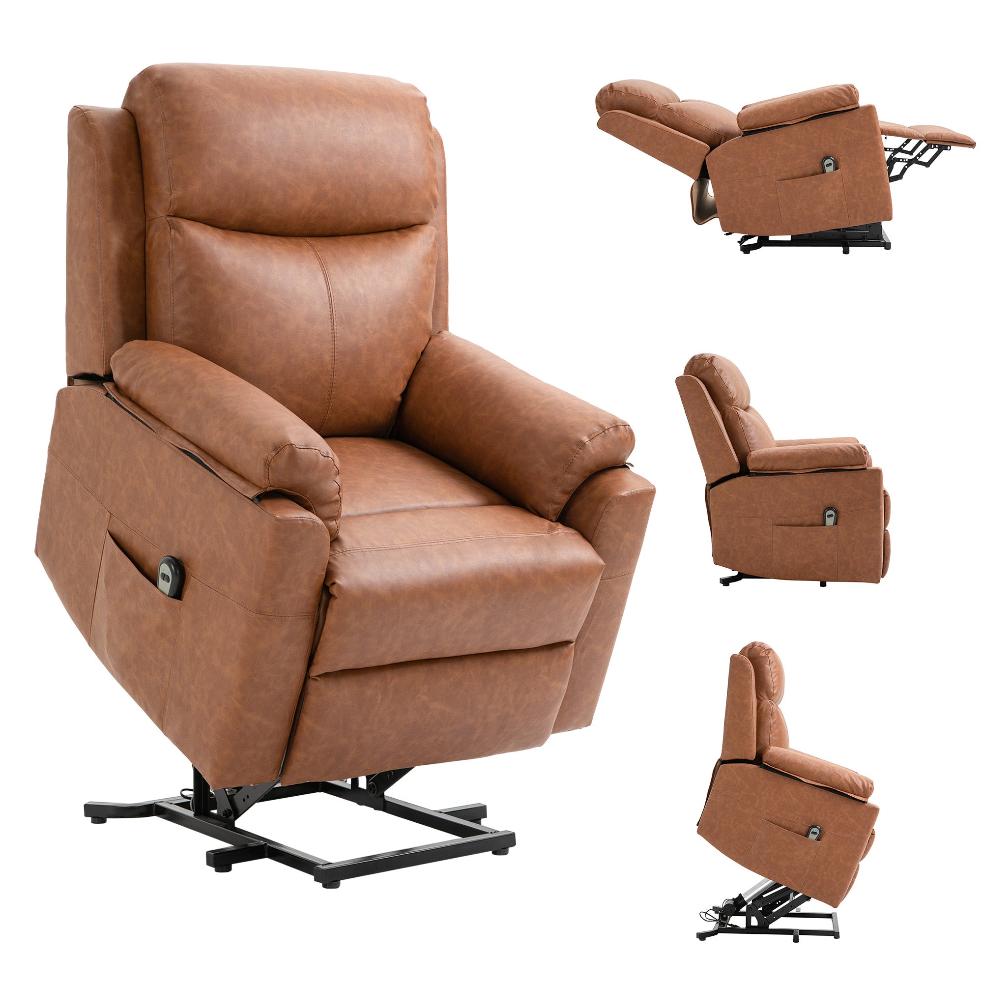 Power Lift Recliner Chair, Overstuffed Faux Leather Reclining Armchair, Brown