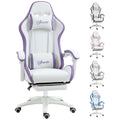PU Leather Computer Gaming Chair with Footrest,  135° Reclining Back & Lumbar Support, White and Purple