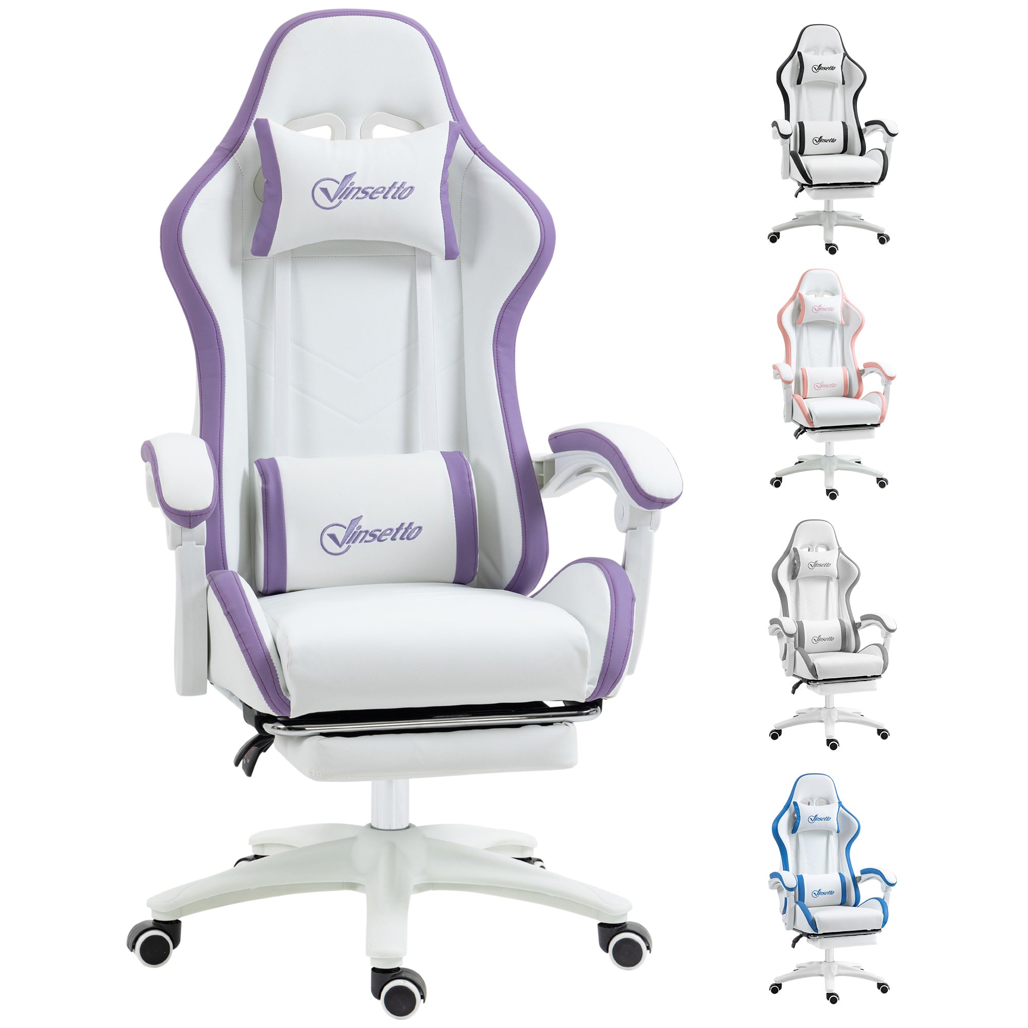 PU Leather Computer Gaming Chair with Footrest,  135° Reclining Back & Lumbar Support, White and Purple