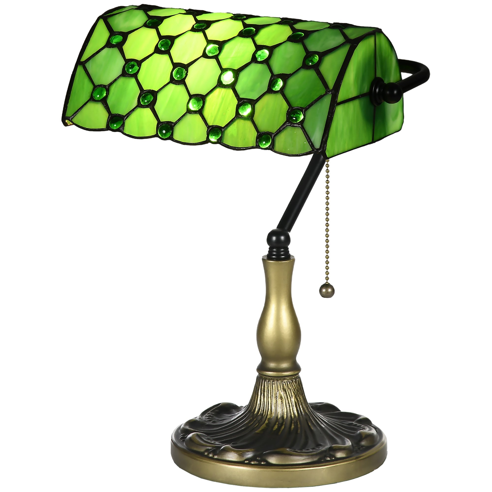 Stained Glass Table Lamp, Vintage Lamp with Green Handmade Shade for Home Decoration