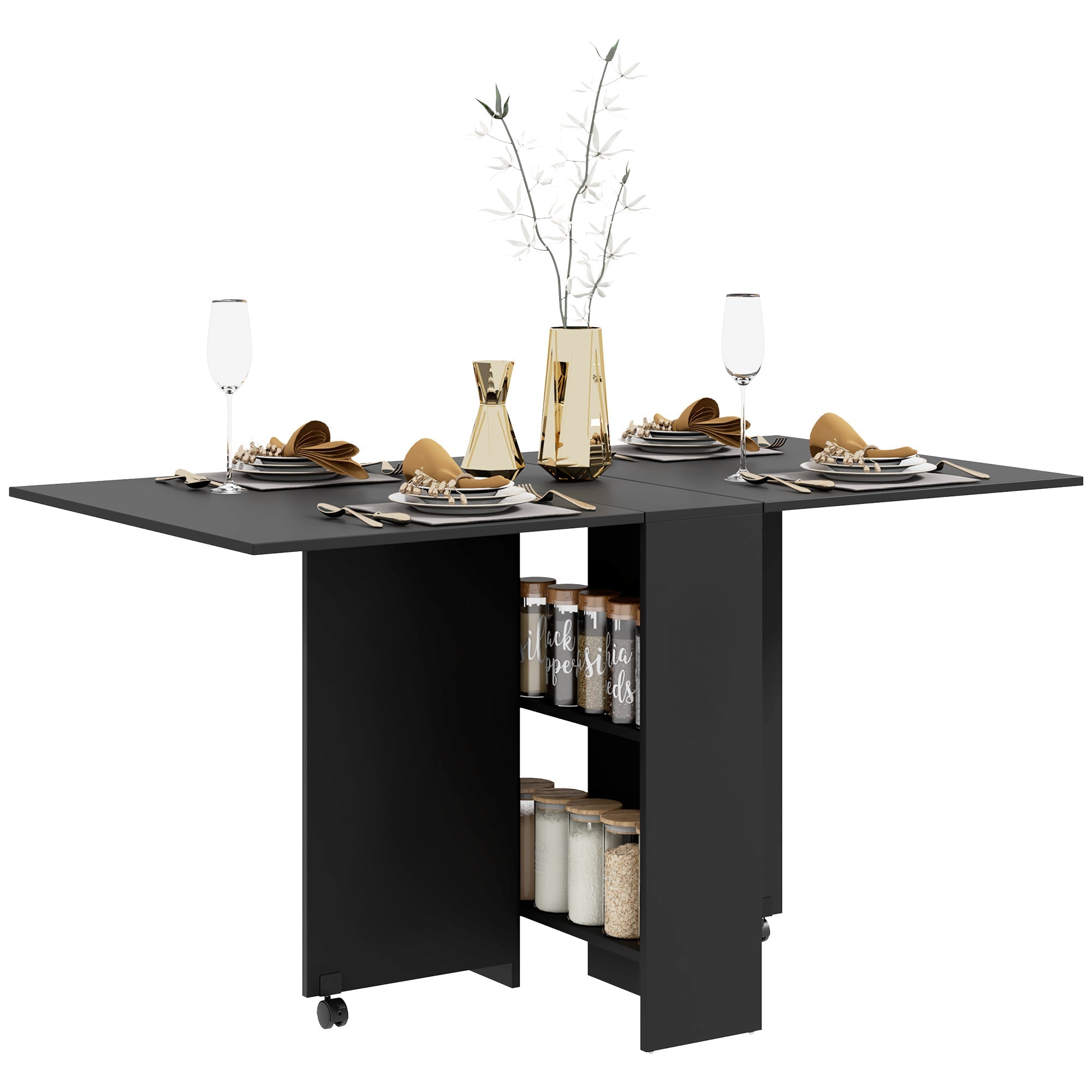 Folding Dining Table, Drop Leaf Table for Small Spaces with Rolling Casters, Black
