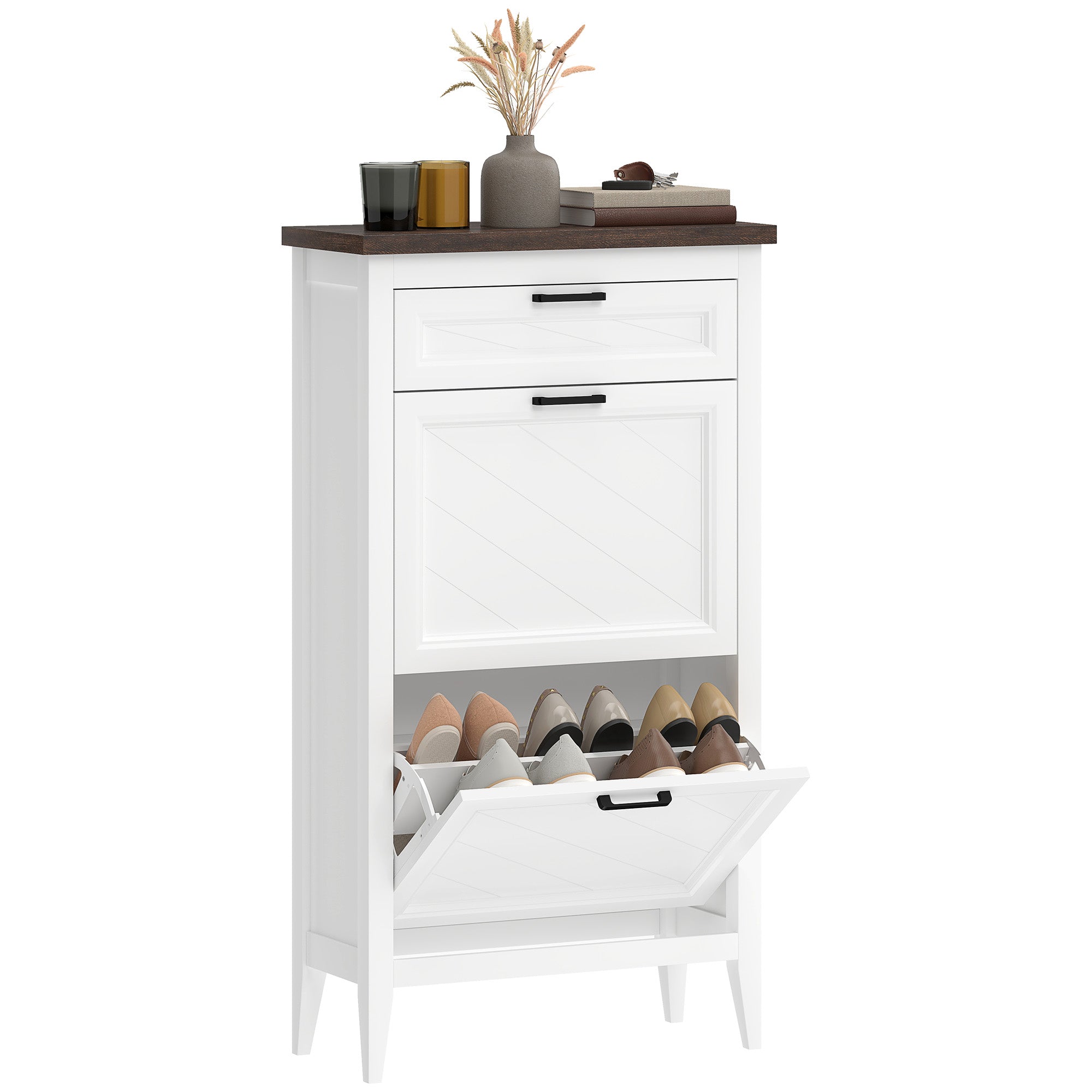 Narrow Shoe Cabinet with 2 Flip Drawers, Adjustable Shelves, Holds 8-12, White