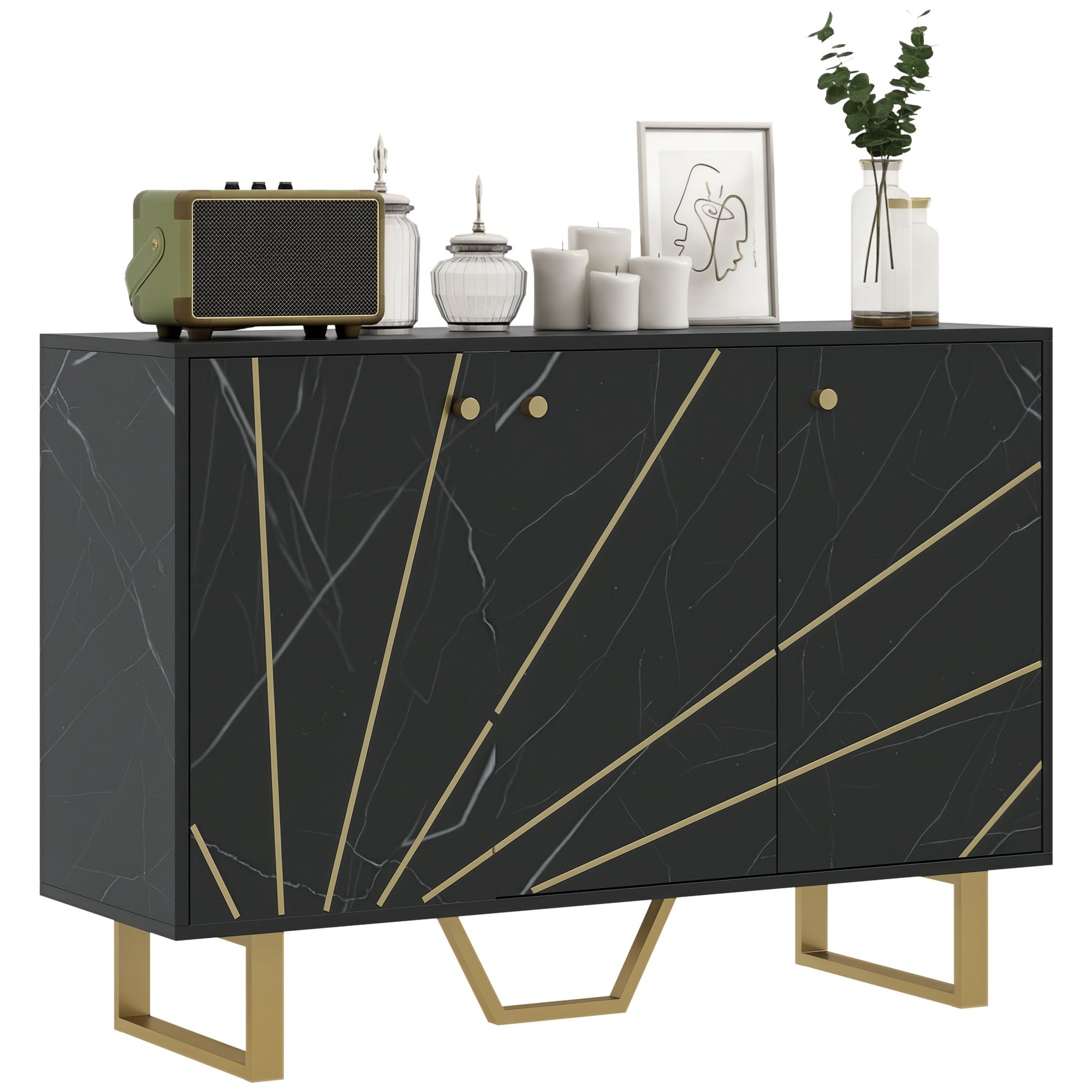 Sideboard Storage Cabinet with Adjustable Shelves and Metal Legs, Black Marble Tone