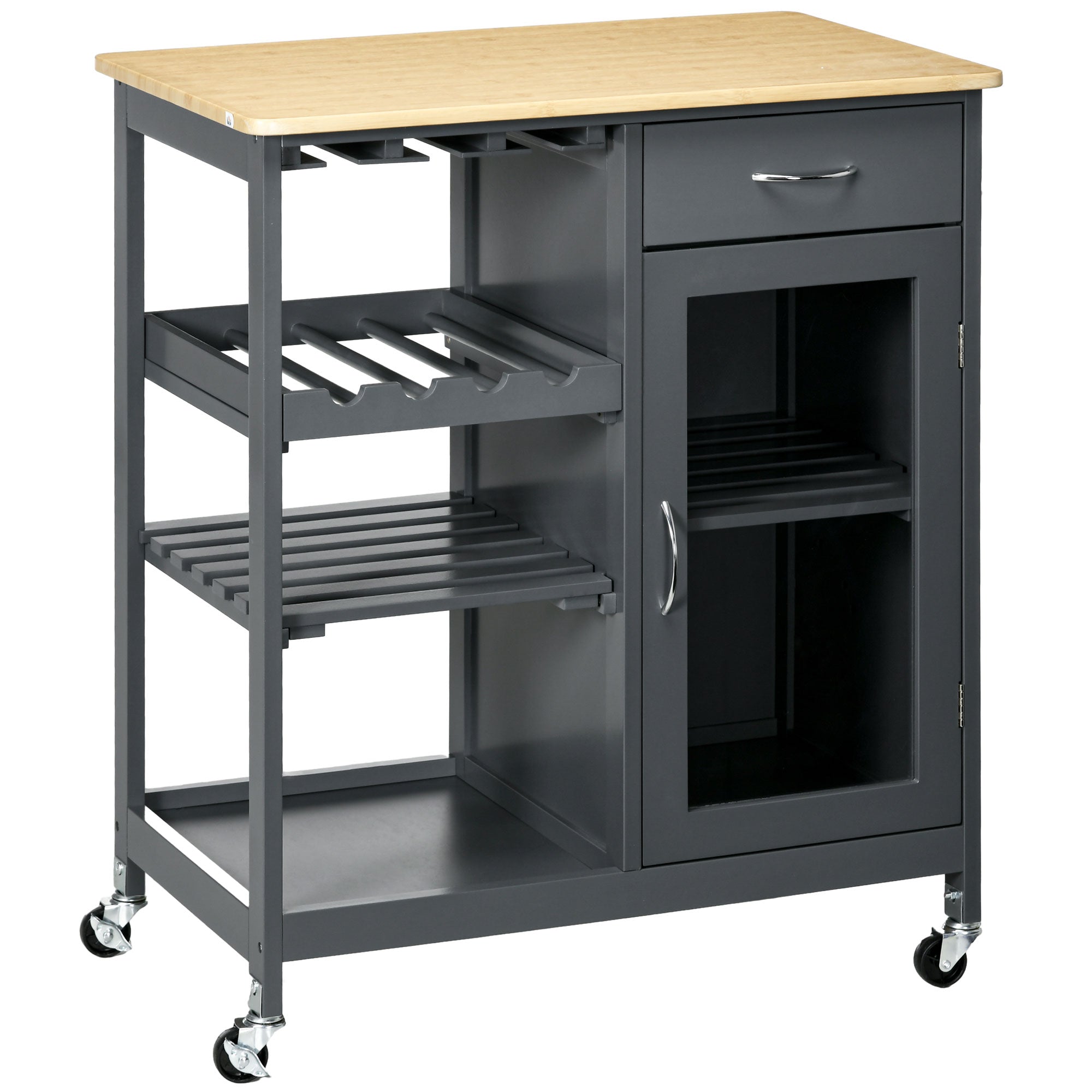 Rolling Kitchen Cart with 4-Bottle Wine Rack, Stemware Holder, Shelves & Drawer, Gray