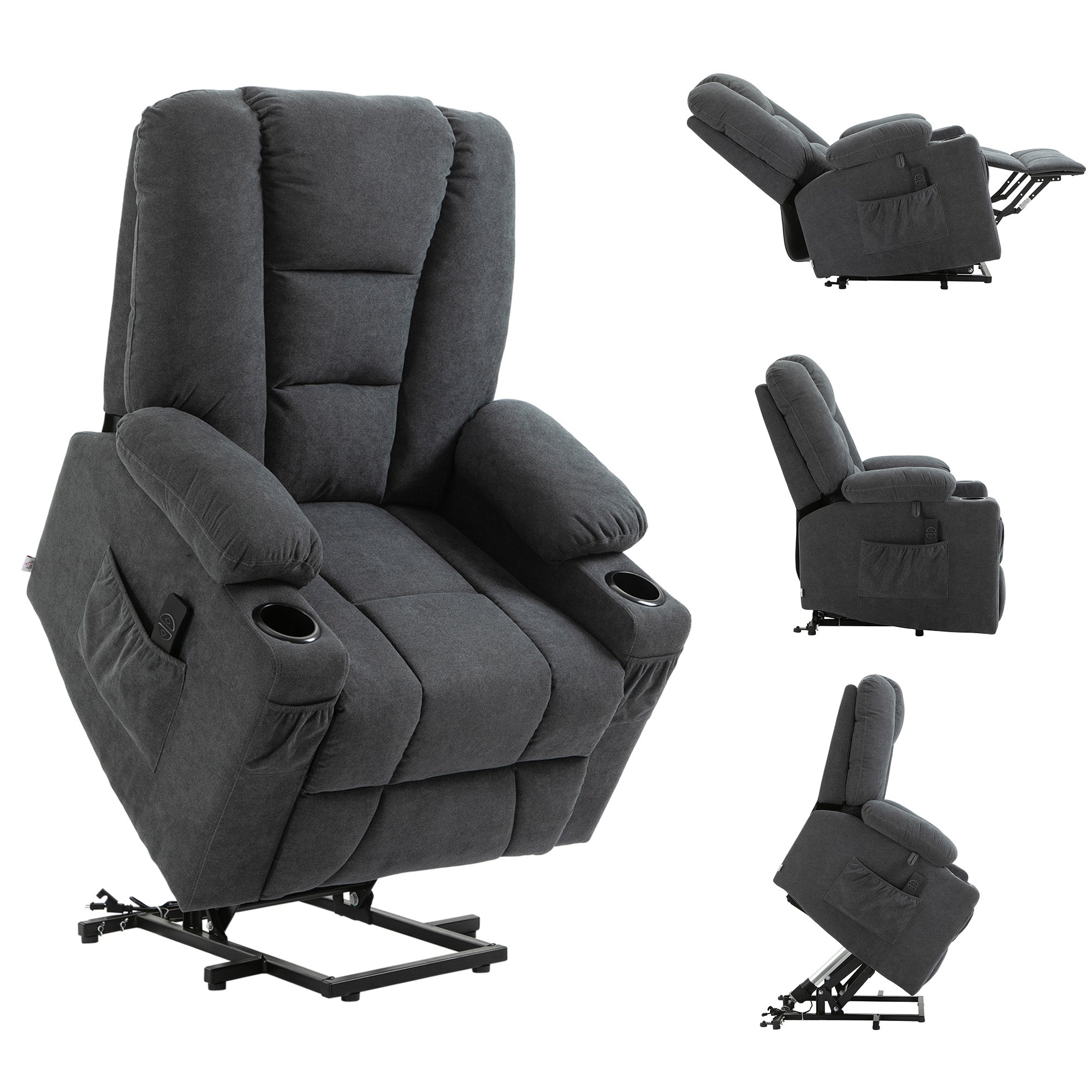 Oversized Riser and Recliner Chairs for Elderly, Fabric Upholstered Lift Chair, Charcoal Grey