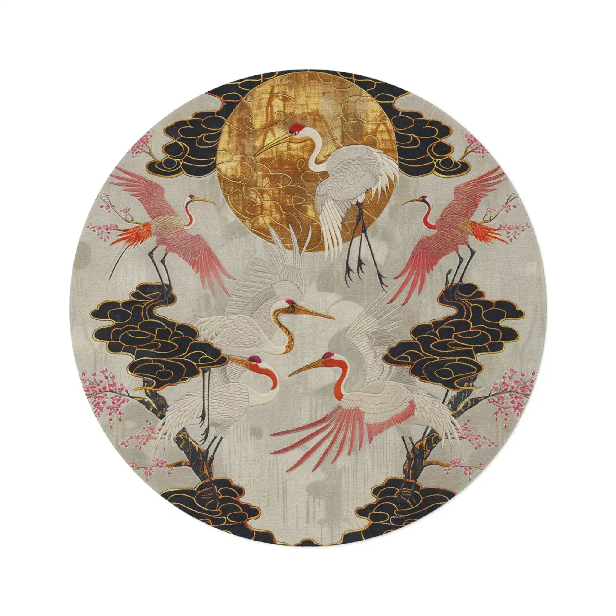 Majestic Crane and Cloud Pattern Round Rug