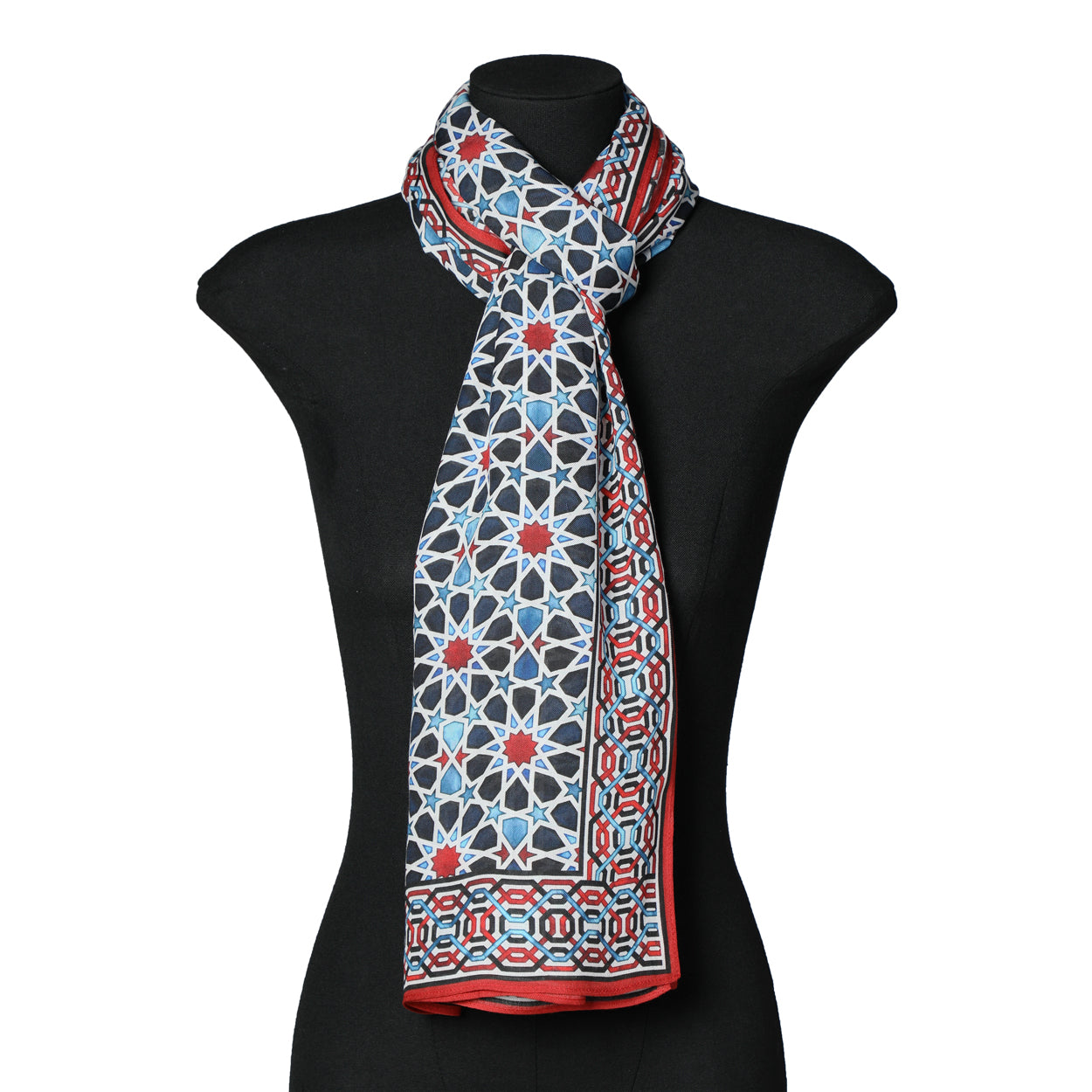Islamic Art Inspired Scarf in Blue, Red, and Black