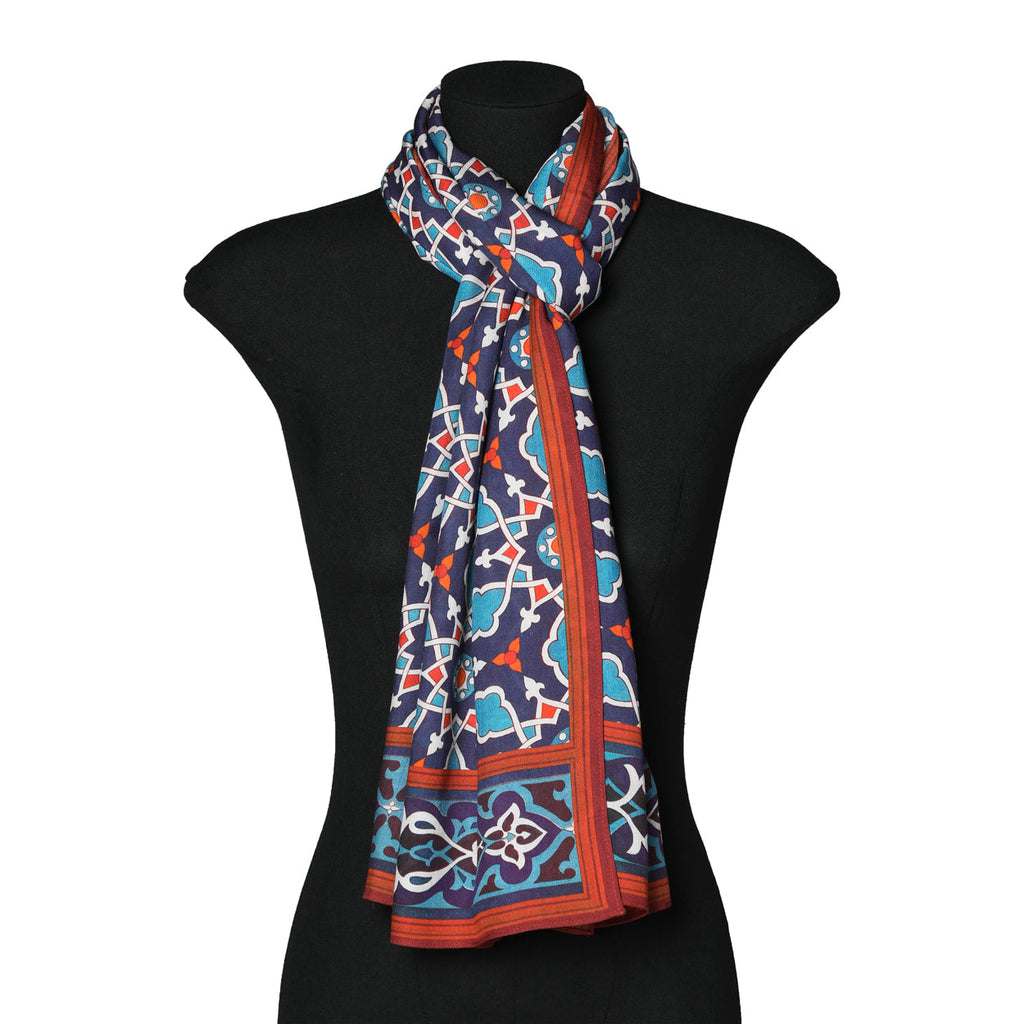 Elegant Islamic Art-Inspired Scarf – Navy Blue and Red Geometric Design - Farabi