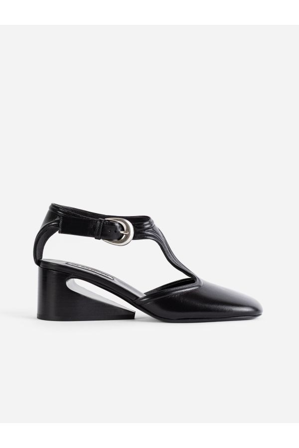 Jil Sander T-Strap Leather Heel Mary Jane Heel — Black