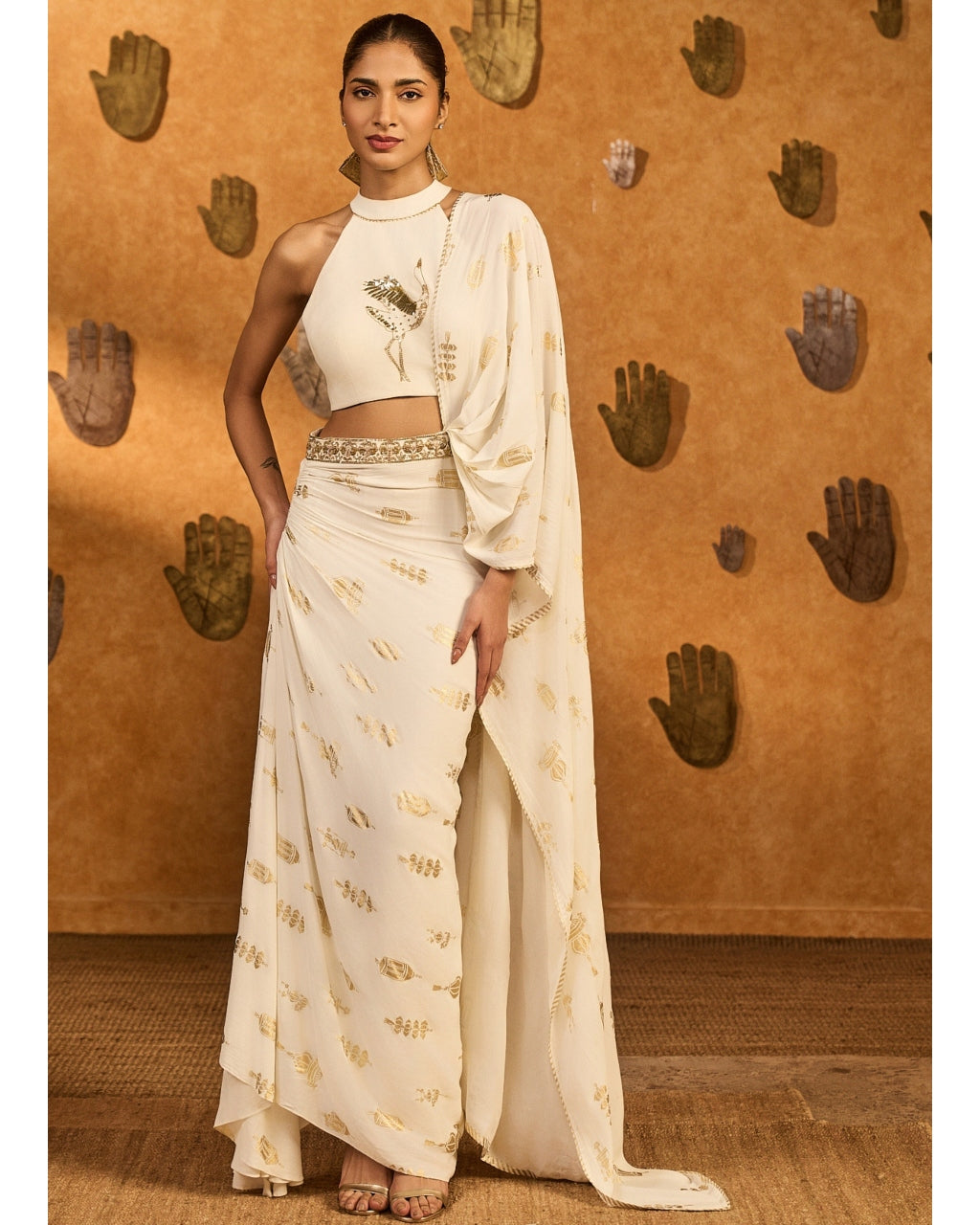 Ivory Soft Lantern Stitched Sari Set By KYNAH, Luxury Indian Fashion & Bridal Wear
