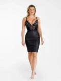 Deep-V Neck Lace Shapewear Bodysuit Leather Midi Skirt Set