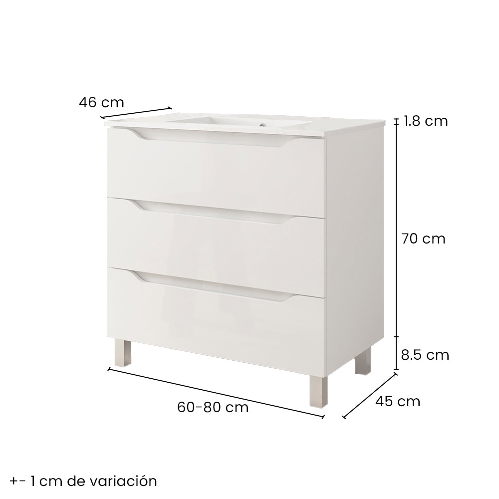 BATHME TRIO Mueble de Baño con Lavabo 3 Cajones Color Blanco Brillo