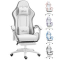 PU Leather Computer Gaming Chair with Footrest,  135° Reclining Back & Lumbar Support, White and Grey