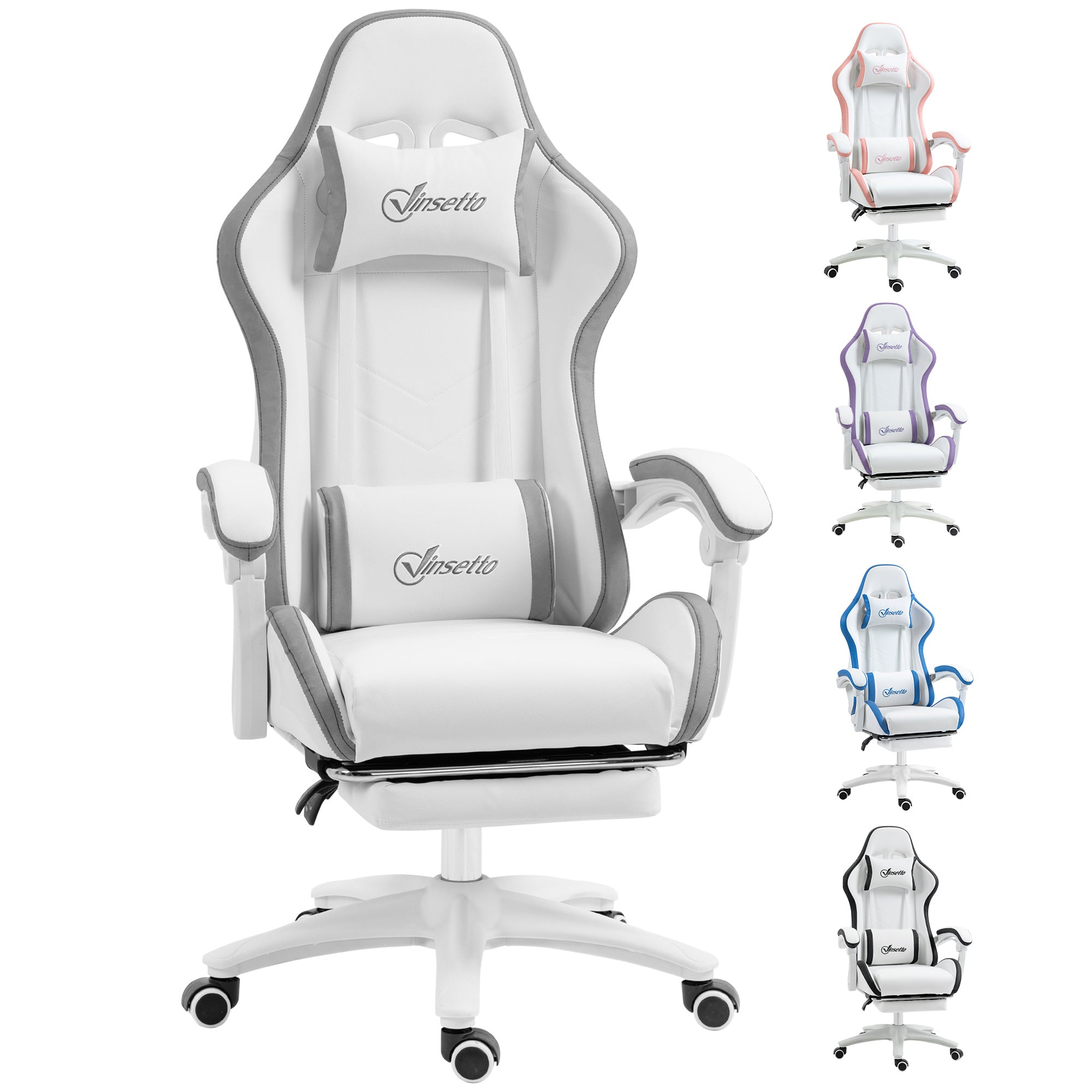 PU Leather Computer Gaming Chair with Footrest,  135° Reclining Back & Lumbar Support, White and Grey