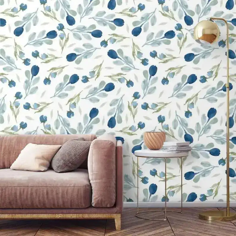Minimalist Blue and White Floral Wallpaper