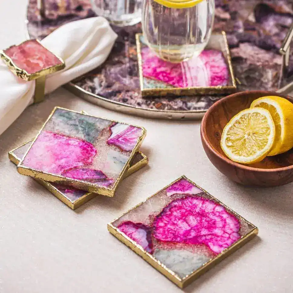 Mixed Colored Agate Coasters Square with Gold Trim Set of 4