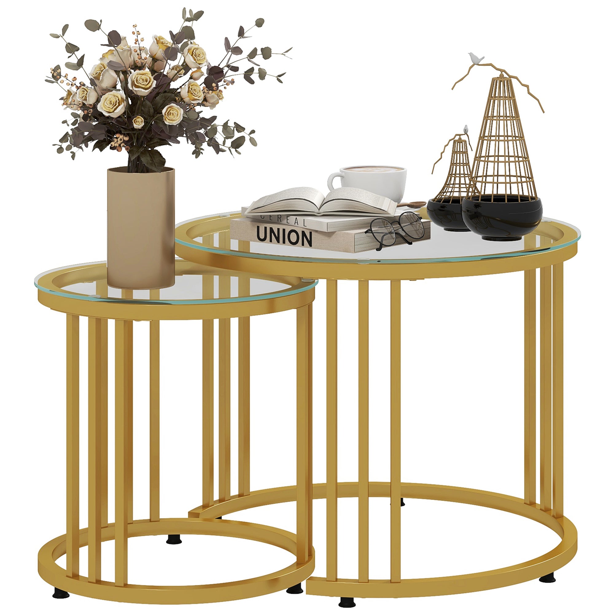 Nesting Tables, Round Coffee Tables Set of 2 with Tempered Glass Top, Gold Tone