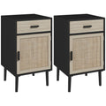 Boho Nightstands Set of 2, Rattan End Tables w/ Drawer, Cabinet & Adjustable Shelf, Black
