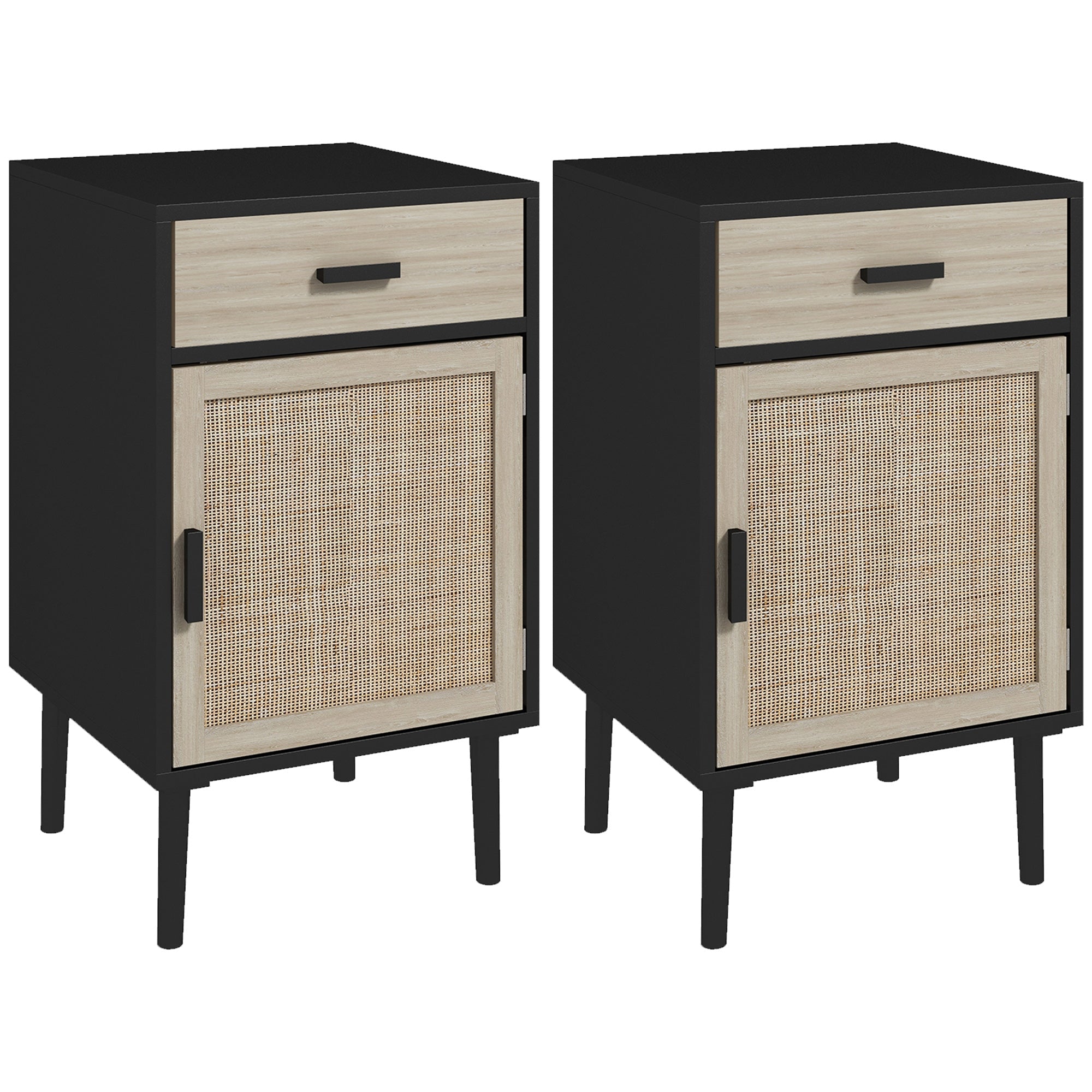 Boho Nightstands Set of 2, Rattan End Tables w/ Drawer, Cabinet & Adjustable Shelf, Black