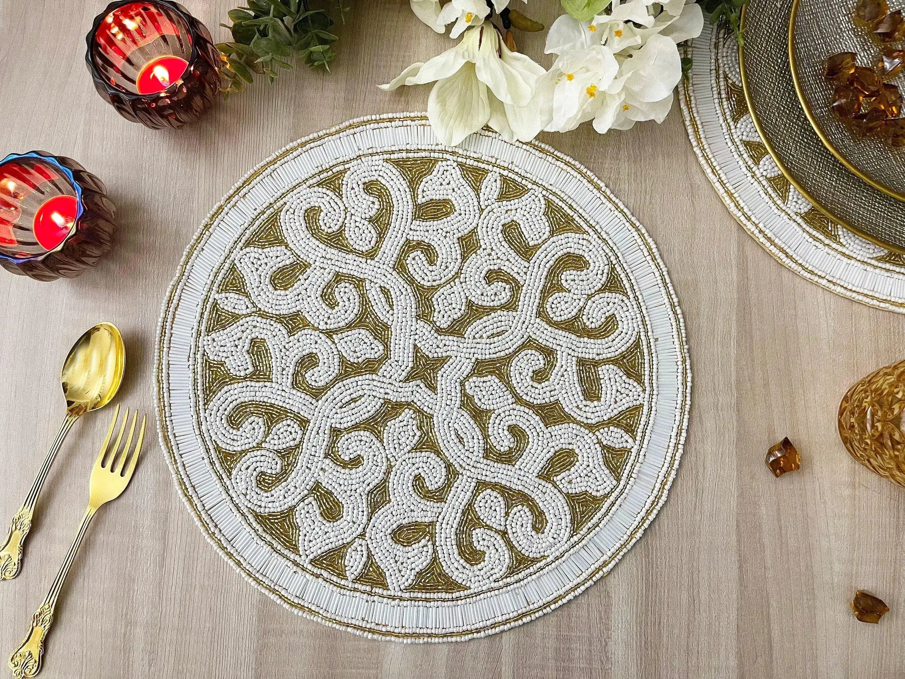 Moha Beaded Round Placemat - Cream/Gold