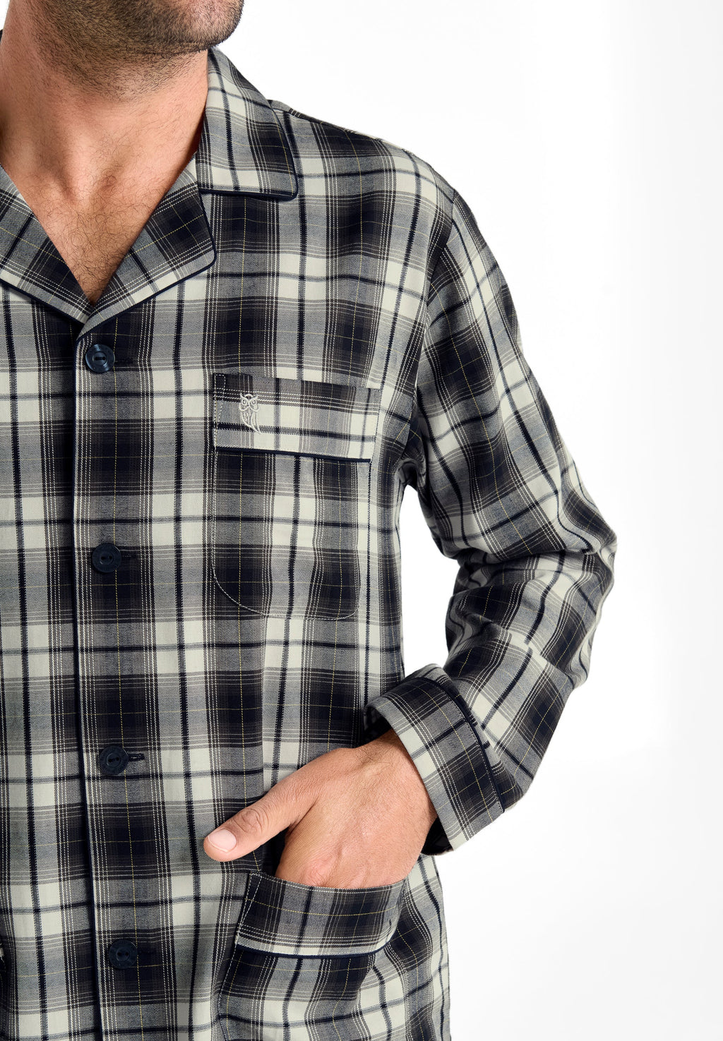 Pijama Hombre Invierno Solapa Algodón Franela Cuadros - Gris 2911_22