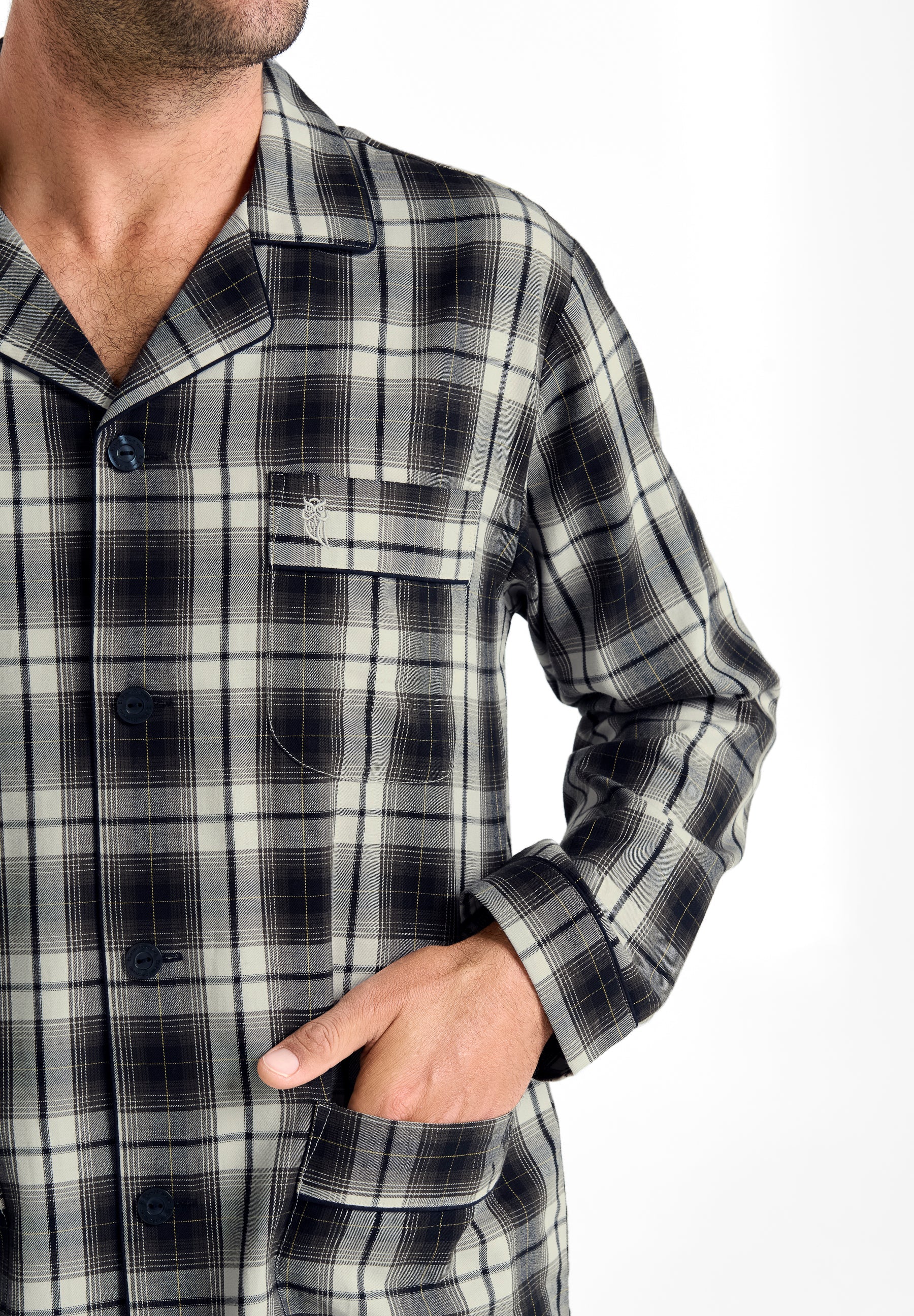 Pijama Hombre Invierno Solapa Algodón Franela Cuadros - Gris 2911_22