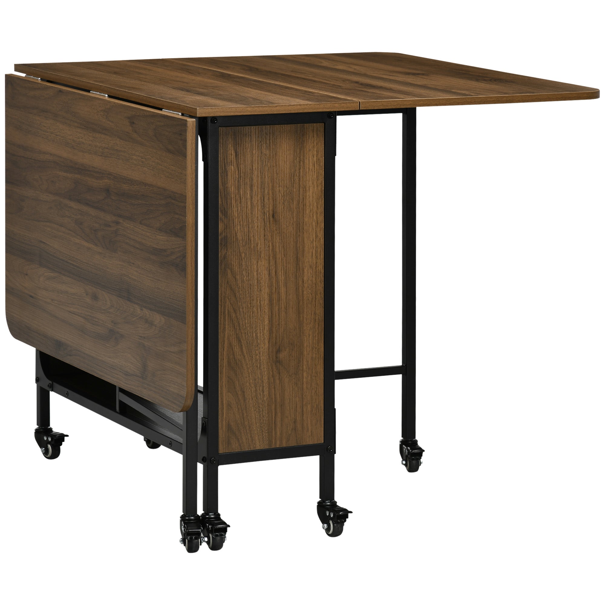 Mobile Drop Leaf Table, Folding Dining Table with 6 Wheels & Storage Shelf, Light Brown