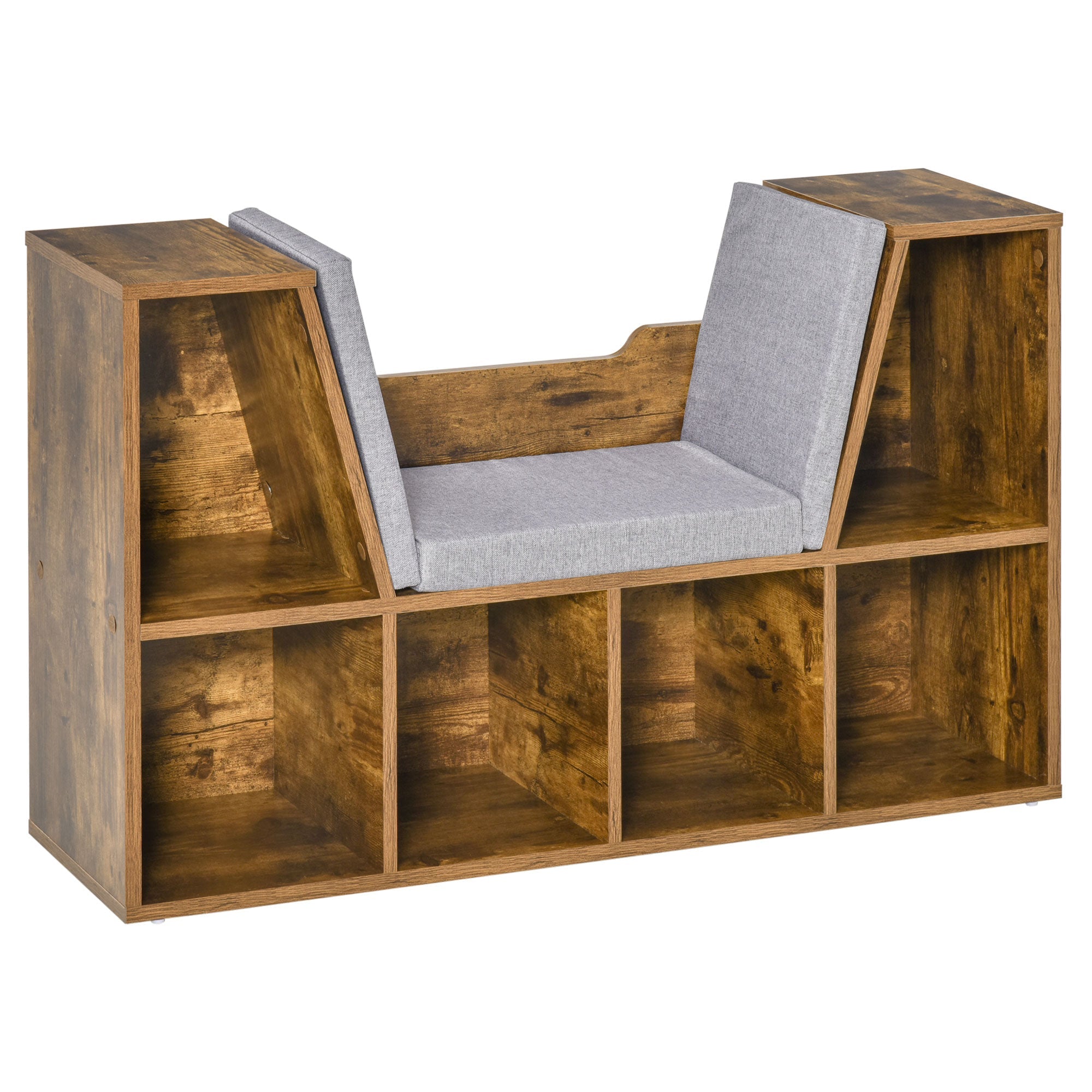 Bookcase Storage Shelf with Cushioned Reading Seat for Bedroom, Living Room, Rustic Brown