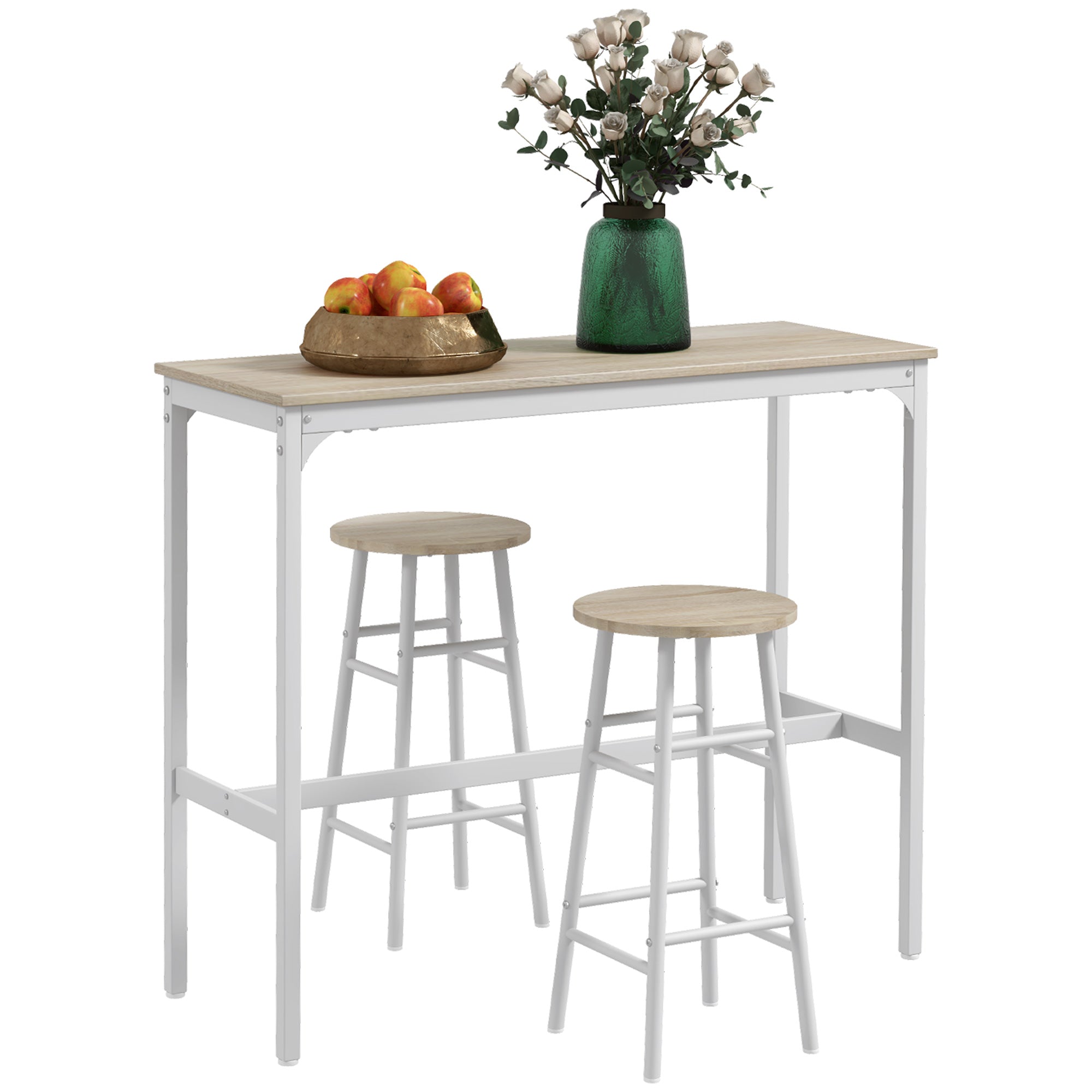 3 Piece Bar Table Set with 2 Stools, Industrial Bar Table and Stool Set for Small Space, Oak
