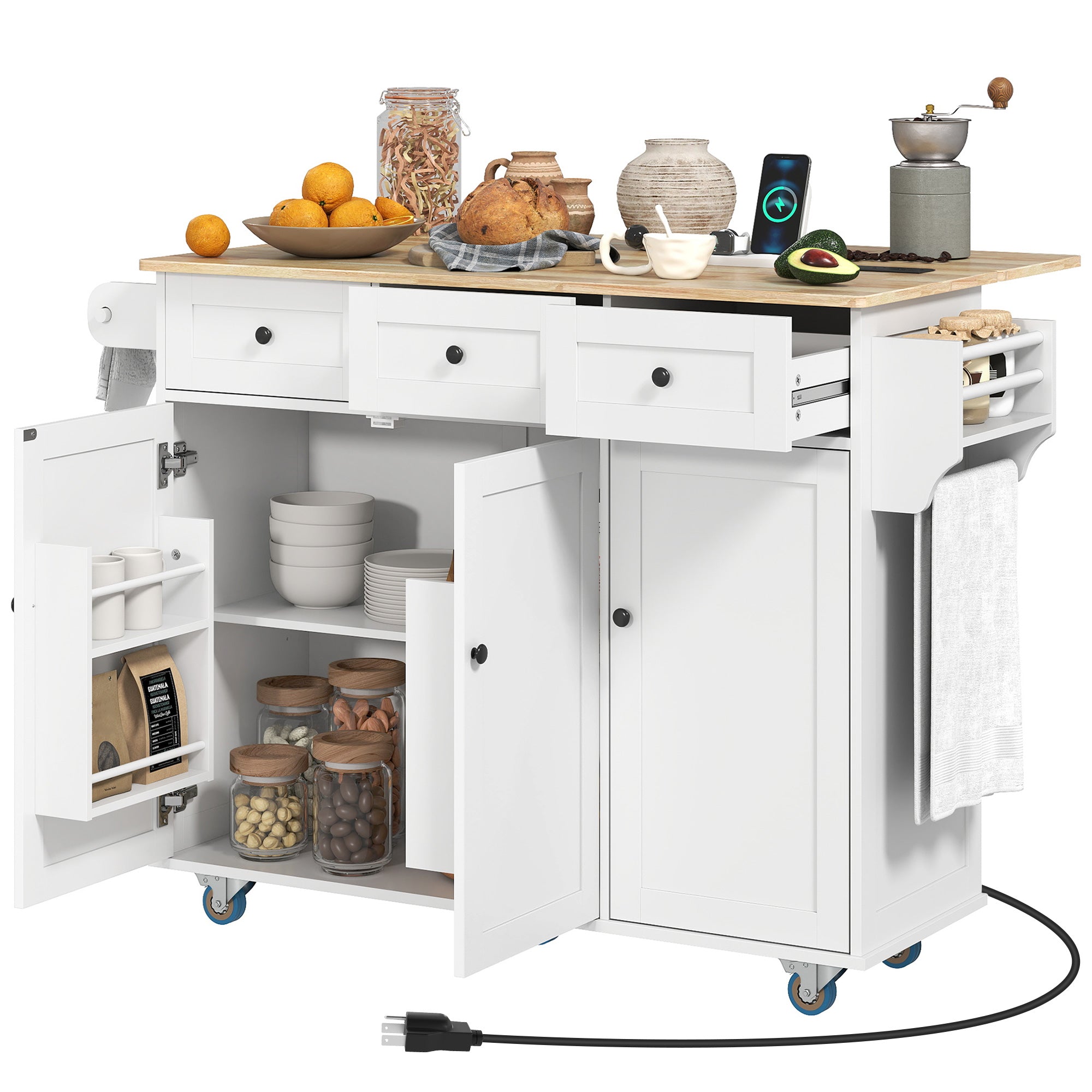 53" Rolling Kitchen Island with Charging Station & Towel Rack, Kitchen Cart on Wheels, White