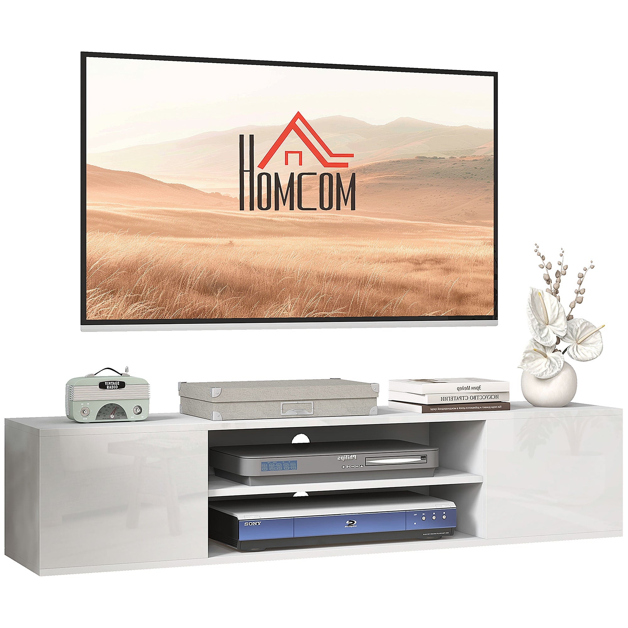 Floating TV Stand Cabinet for TVs up to 60", Wall Mounted TV Unit w/ Open Shelf, Cupboards, White
