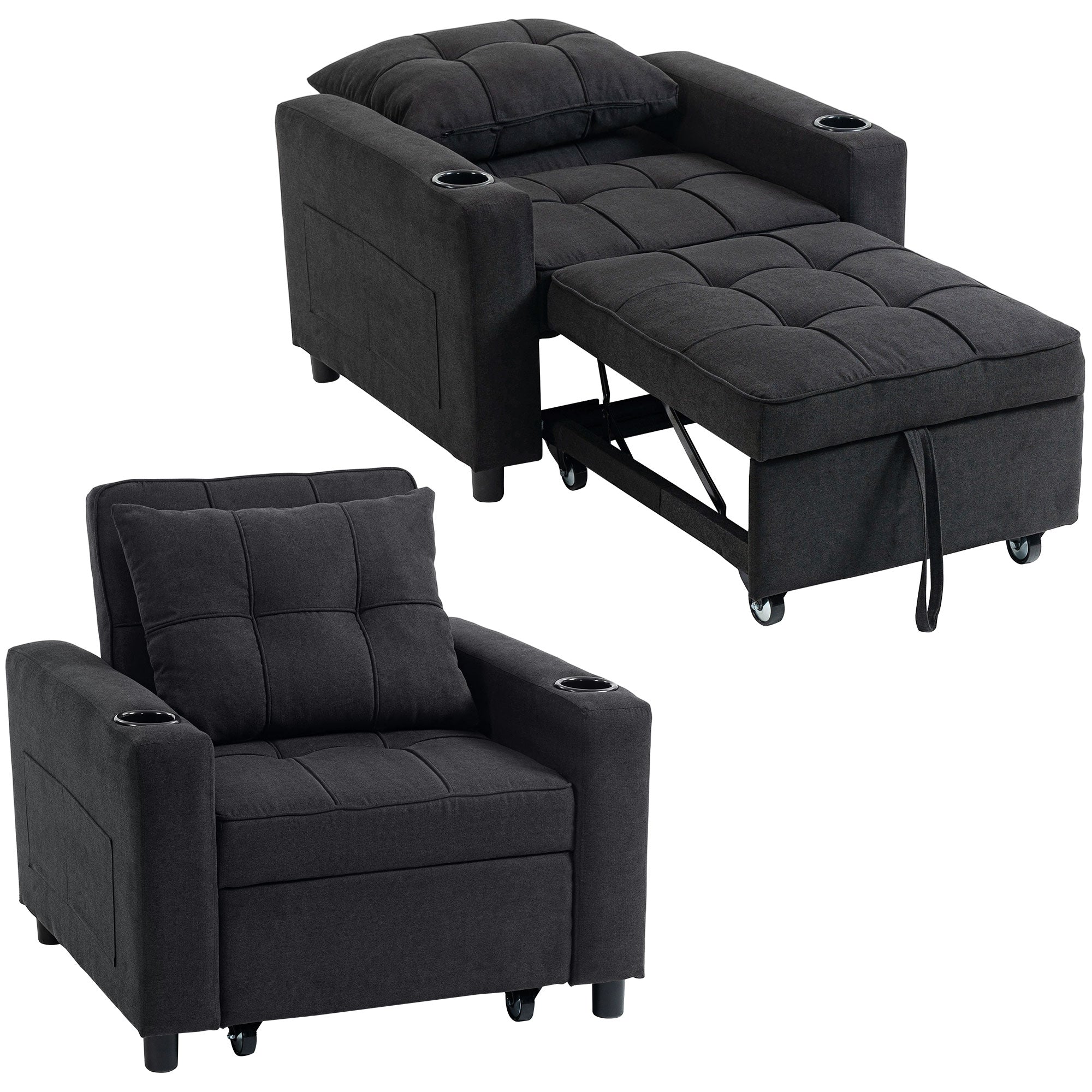 3-in-1 Reclining Sofa Bed Chair with CupHolders & Side Pockets, Black