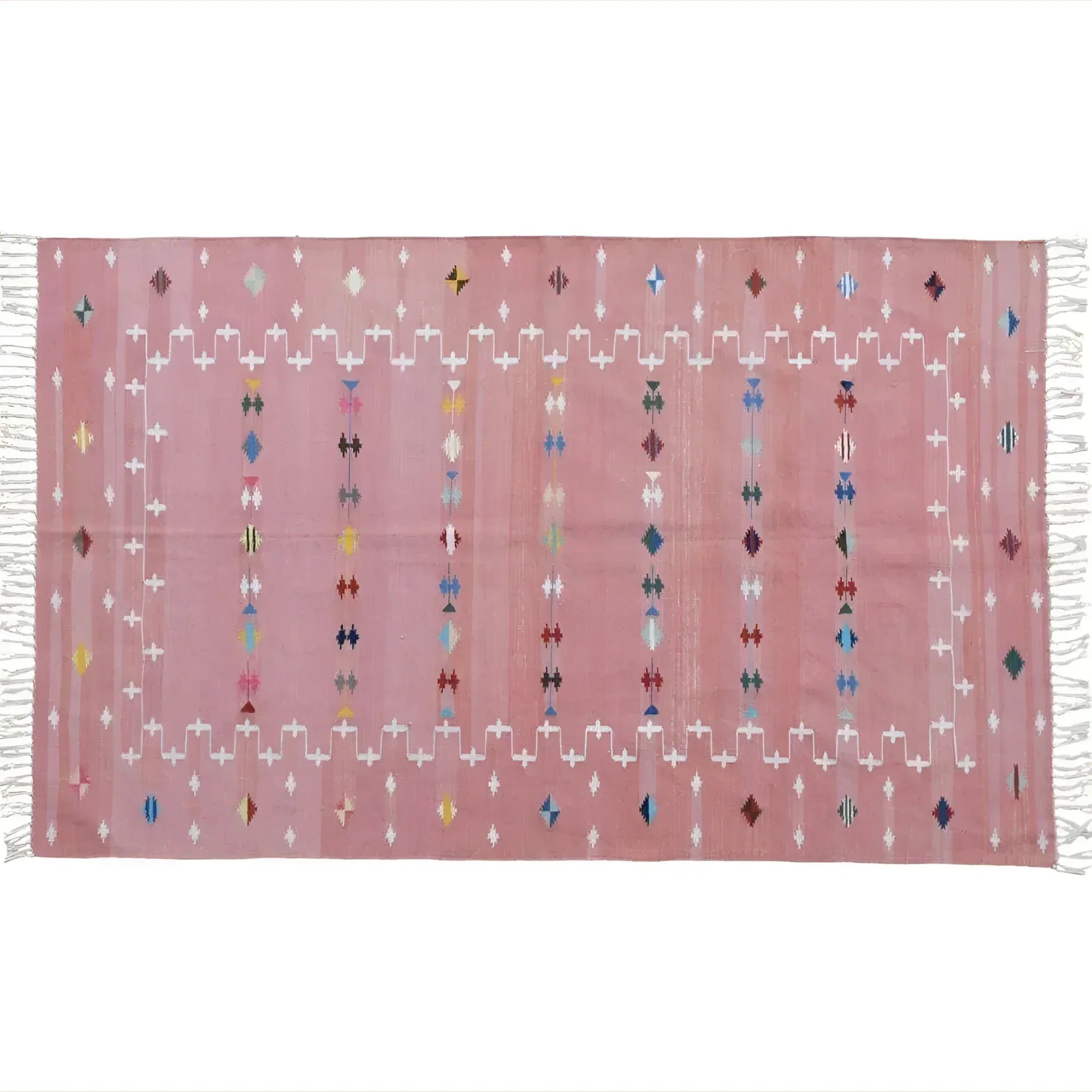 Natural Vegetable Dyed Indian Dhurrie Reversible Cotton Rug - Blush Galaxy