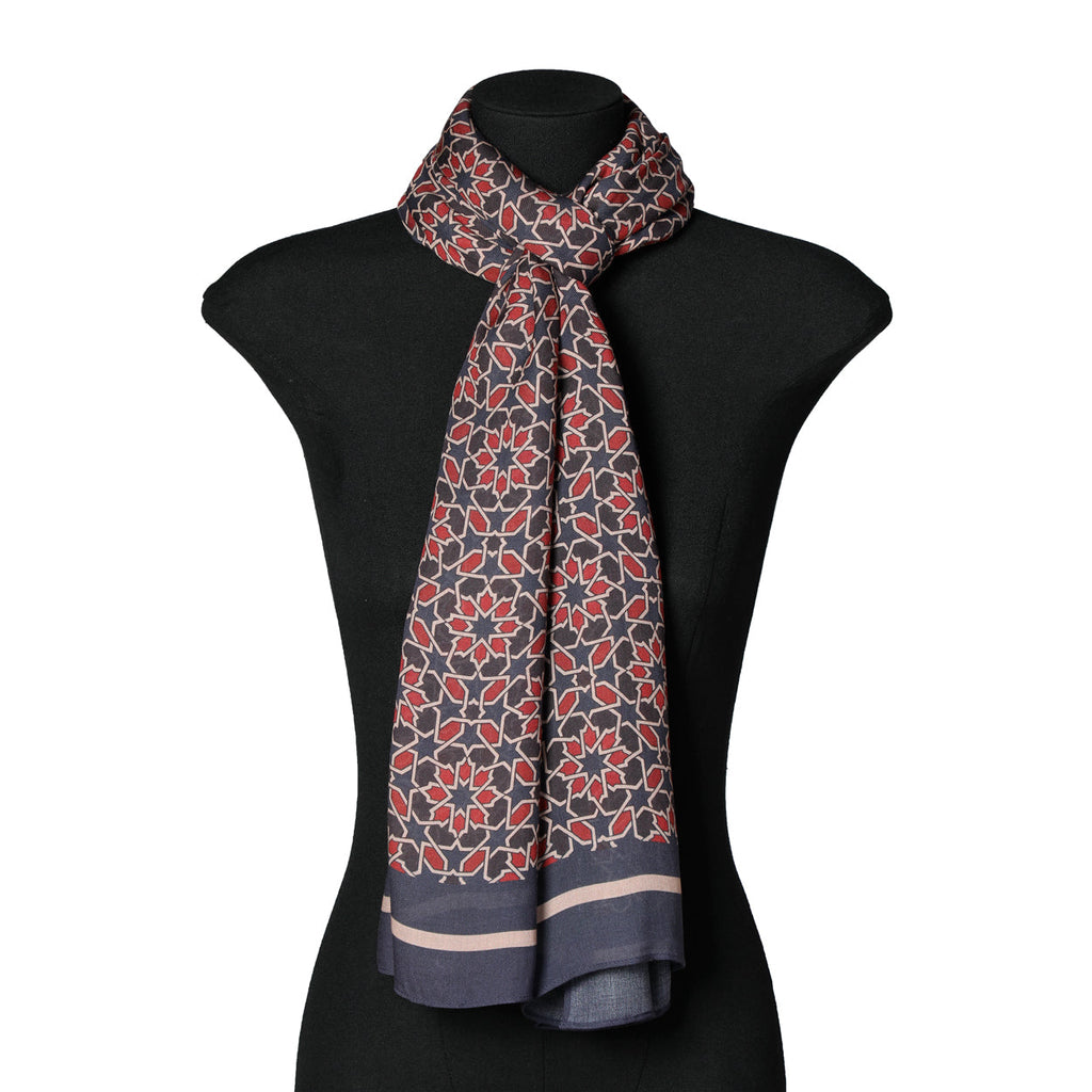 Navy Blue and Red Geometric Scarf - Islamic Art Inspiration Mirath