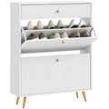 Narrow Shoe Cabinet with Wave-like Panels & 2 Flip Drawers for 12 Pairs of Shoes, White