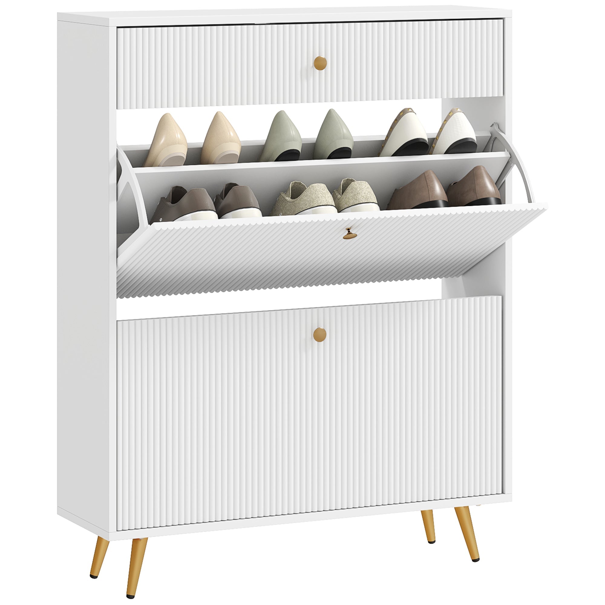 Narrow Shoe Cabinet with Wave-like Panels & 2 Flip Drawers for 12 Pairs of Shoes, White