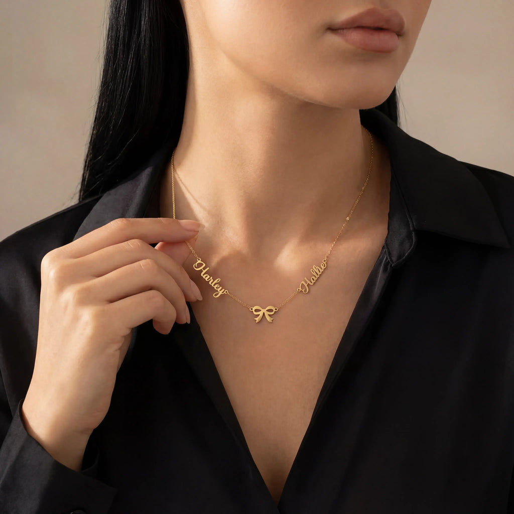Double Name with Bow Necklace - Solid Silver / Style 1