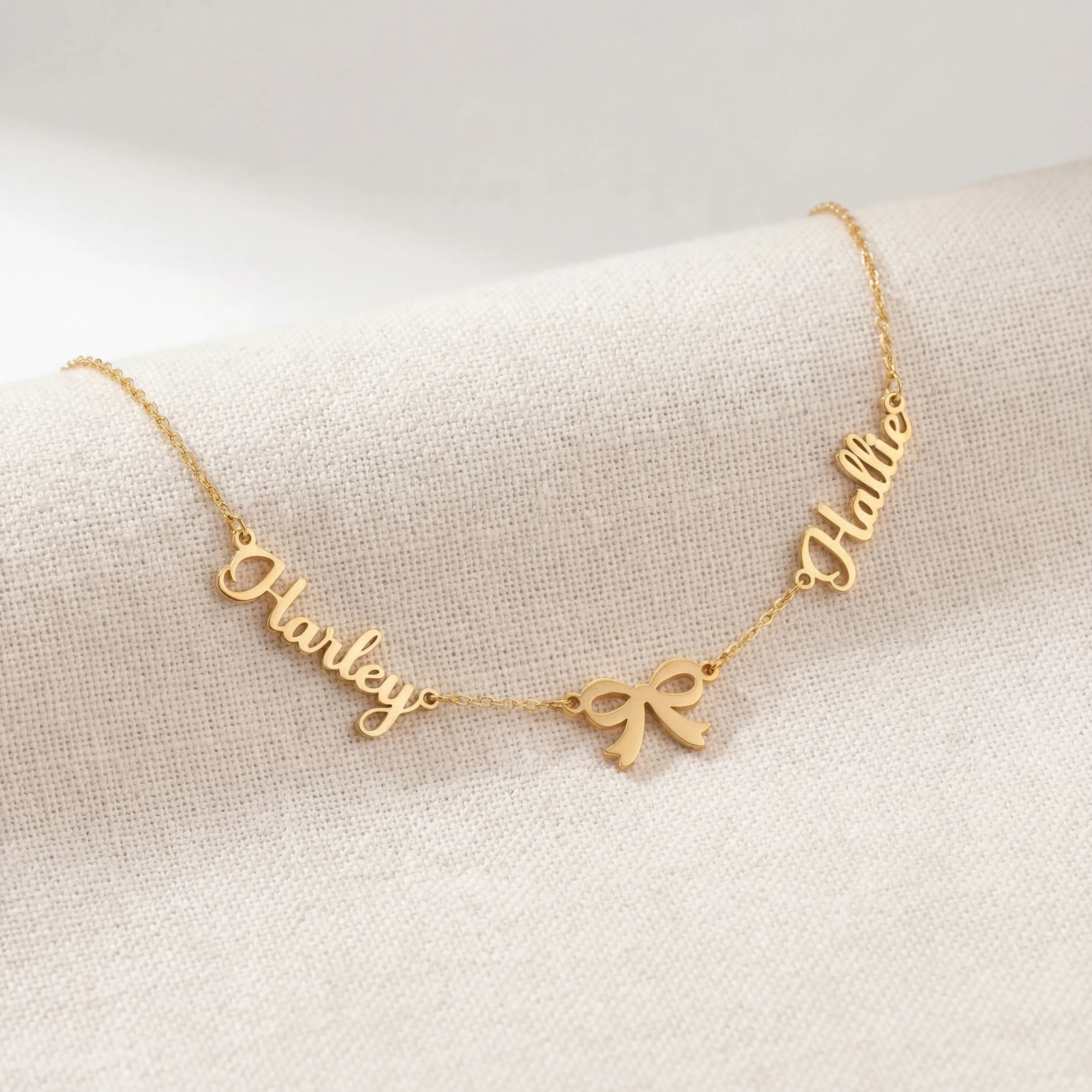 Double Name with Bow Necklace - Vermeil / Style 2