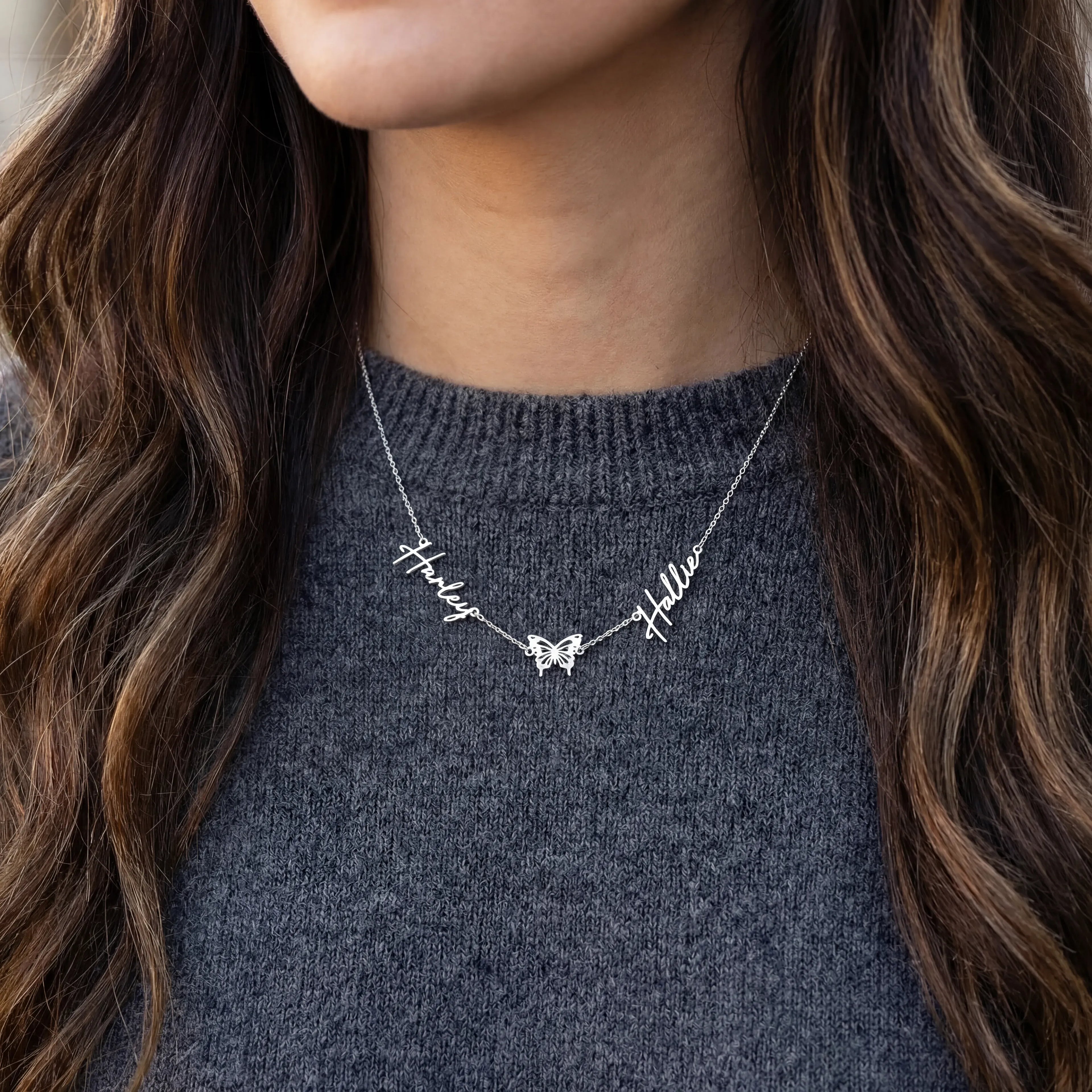 Double Name with Butterfly Necklace - Sterling Silver / Style 3