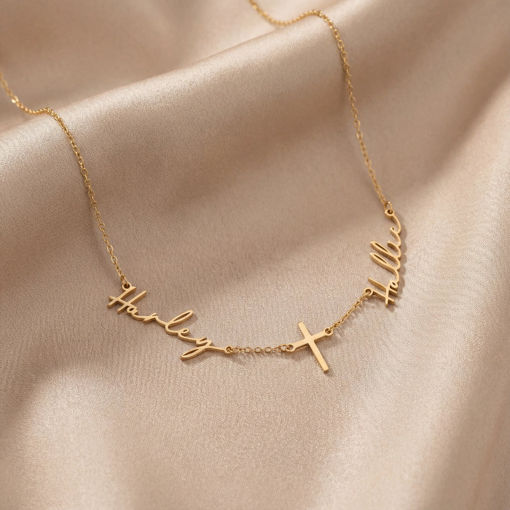 Double Name with Cross Necklace - Vermeil / Style 1