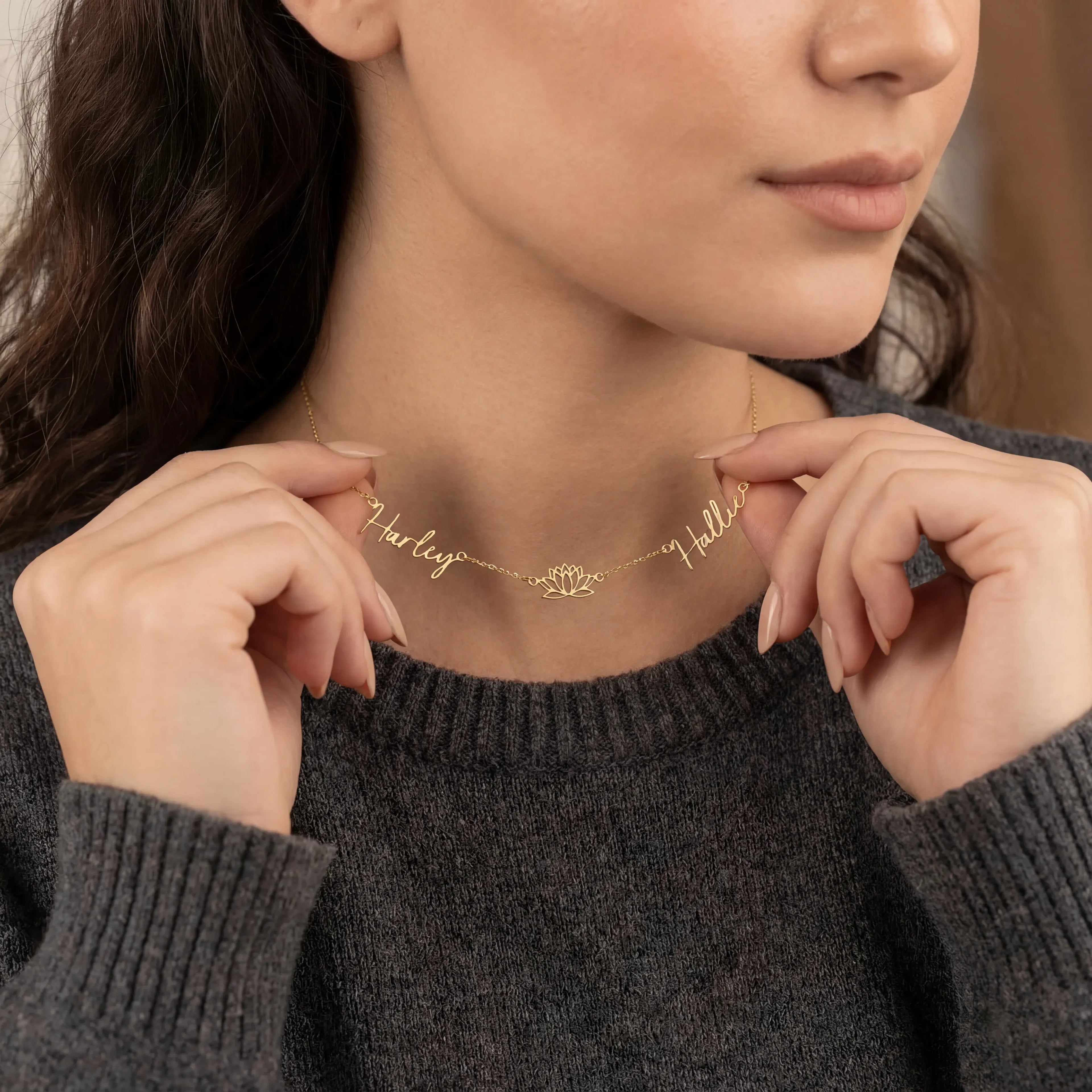 Double Name with Lotus Flower Necklace - Solid Silver / Style 3