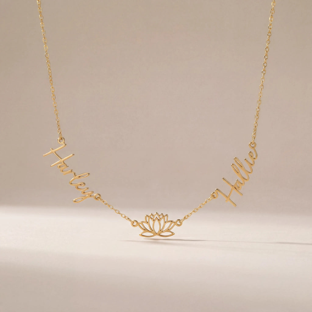 Double Name with Lotus Flower Necklace - Solid Silver / Style 1