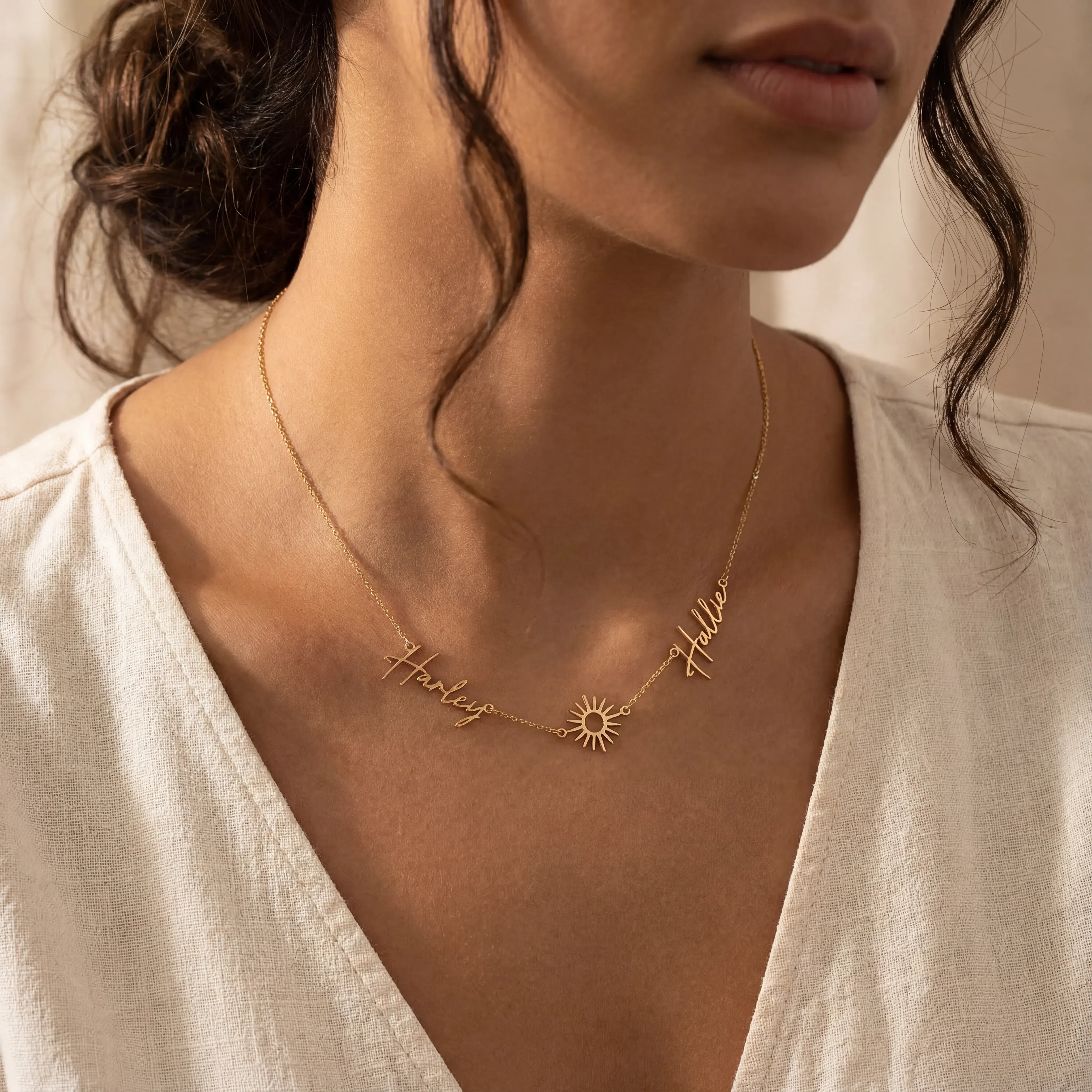 Double Name with Sun Necklace - 18ct Gold / Style 2
