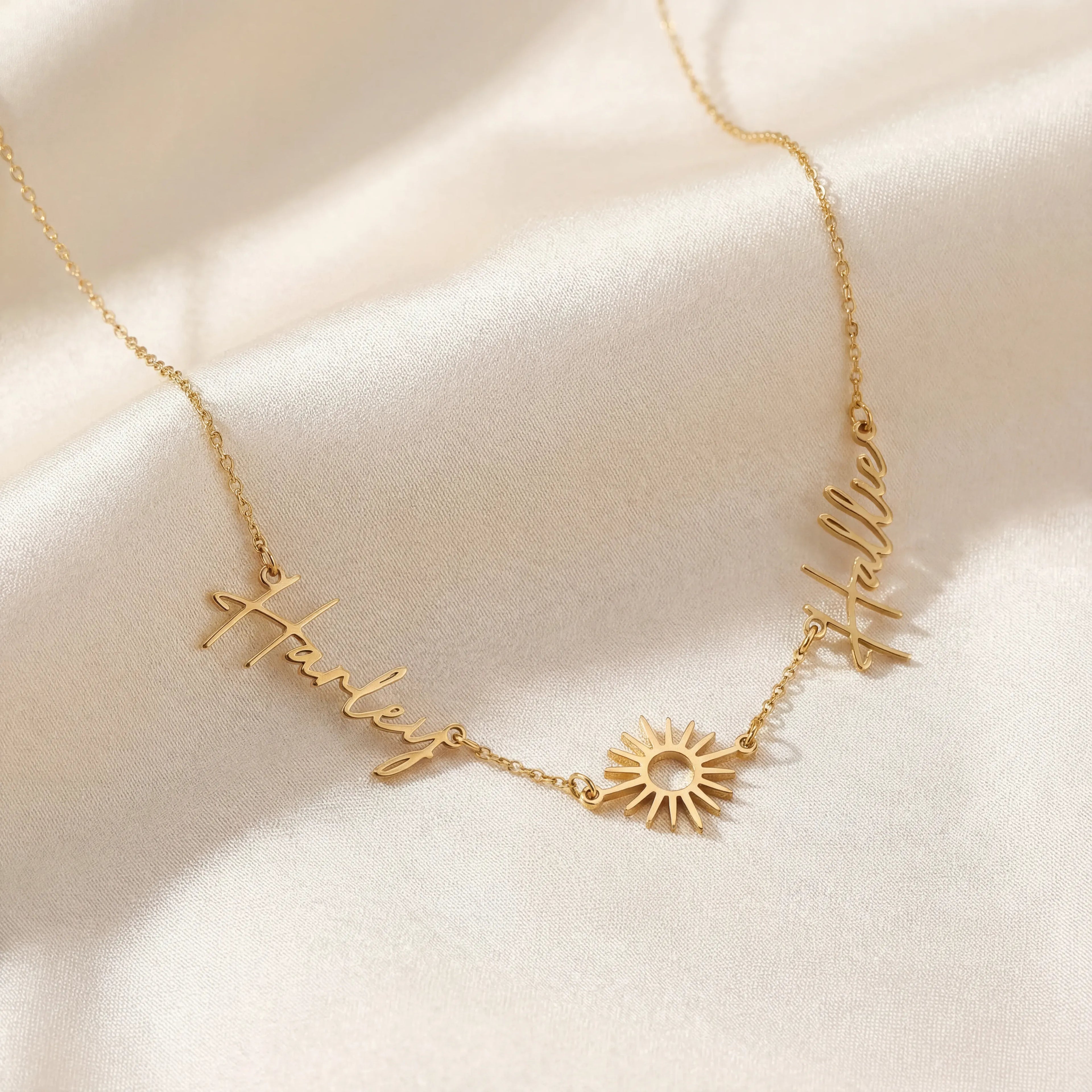 Double Name with Sun Necklace - Sterling Silver / Style 3